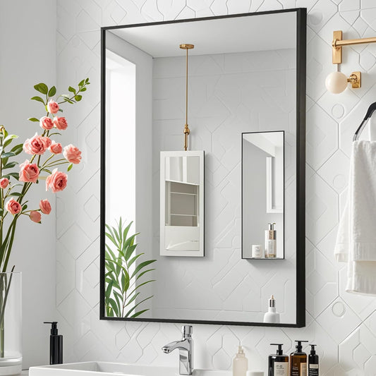Black Bathroom Mirror, 24"x36" Rectangle Mirror, Matte Black Mirror, Metal Frame Square Corner Vanity Mirror, Wall Mounted Mirror for Modern, Living Room, Bedroom, Horizontal Or Vertical