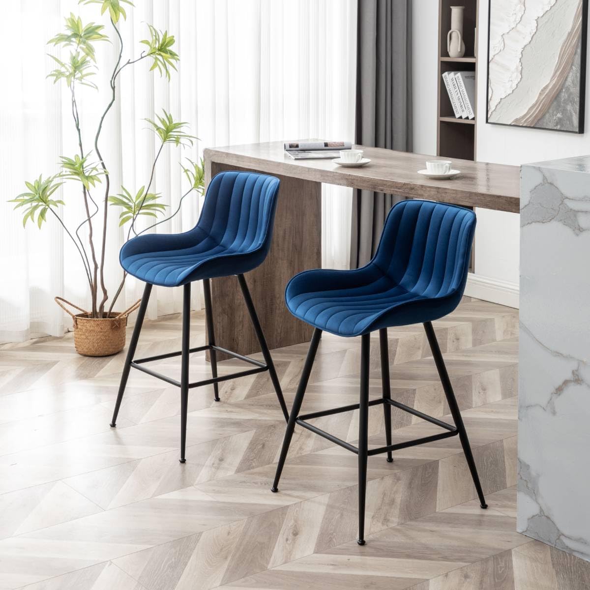 Bar Stools Set of 2 - Luxury Bar Stools Counter Height Barstool 24 Inch Seat Height Upholstered Velvet Barstool Set of 2 Blue Counter Stools for Kitchen Island, Home Counter, Bar Pub (Blue).