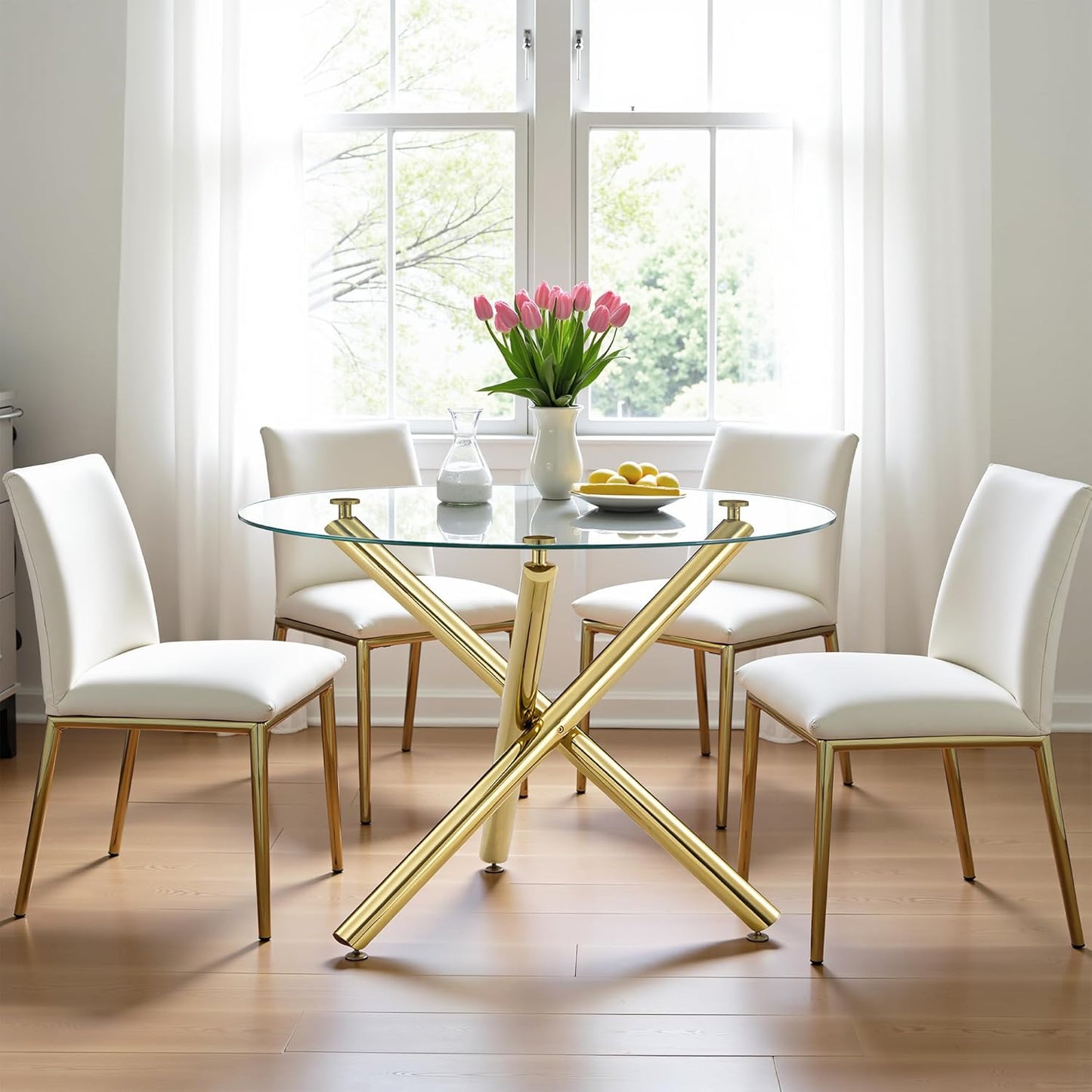 Kitchen Table Classic Dining Table for 4 Round Glass Dining Table 42" Kitchen & Dining Room Tables with Metal Legs and Glass Tabletop for Dining Room and Apartment, Gold