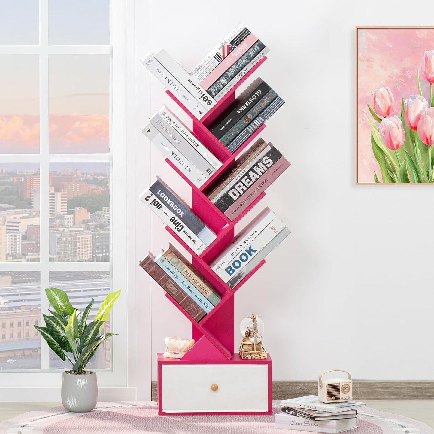 8 Tier Tree Bookshelf with Drawer, Free Standing Wood Bookcase for Narrow Space, Storage Organizer Bookshelves for Books, Book Case for Home Office, Living Room, Bedroom - Pink