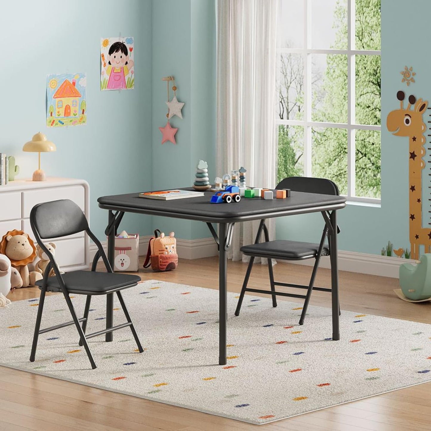 IDEALHOUSE 3 Piece Folding Kids Table and Chairs Set, Children Activity Table and Chairs Set for Dining Room,Daycare,Classrooms