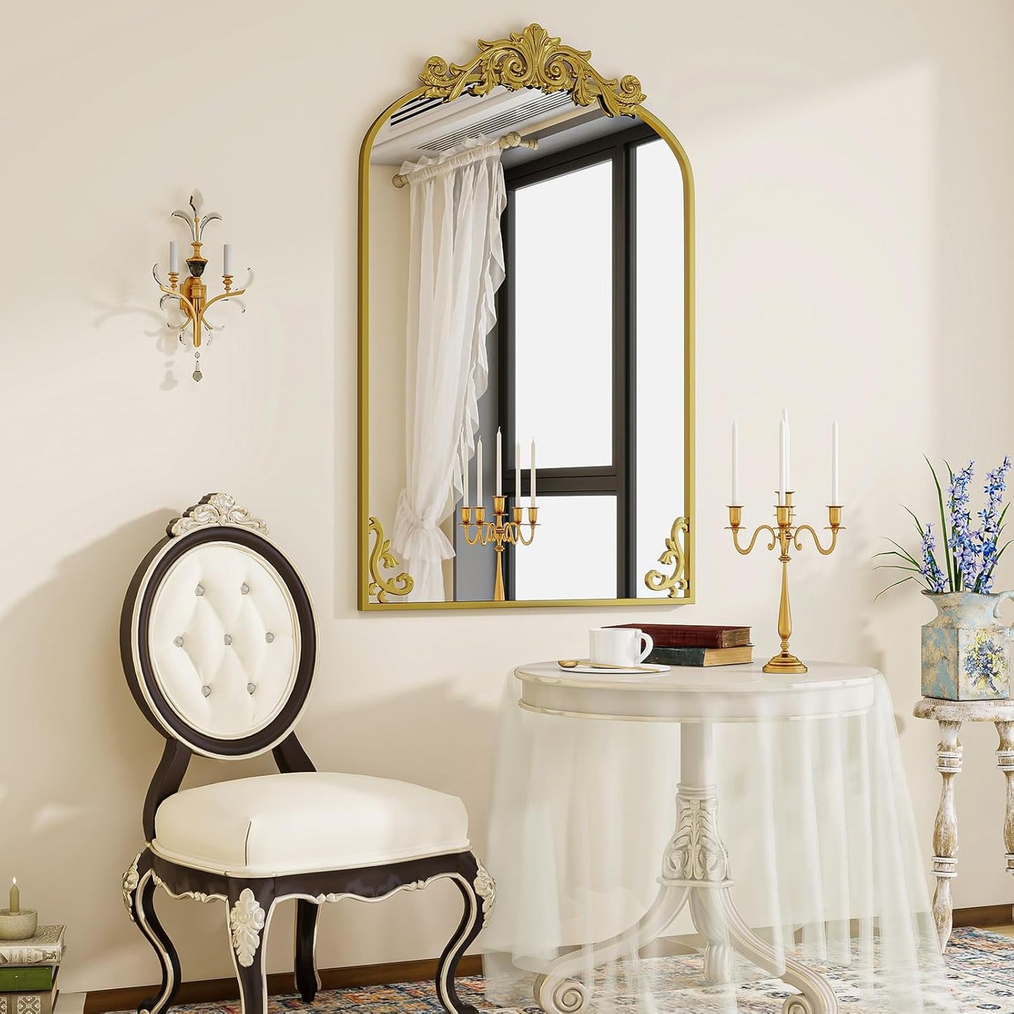 24x36 inch Vintage Arched Bathroom Mirror - Gorgeous Wall Vanity Mirror with Beautiful Retro Top and Bottom Engraving Process Frame for Entryway Hallway Living Room, Gold