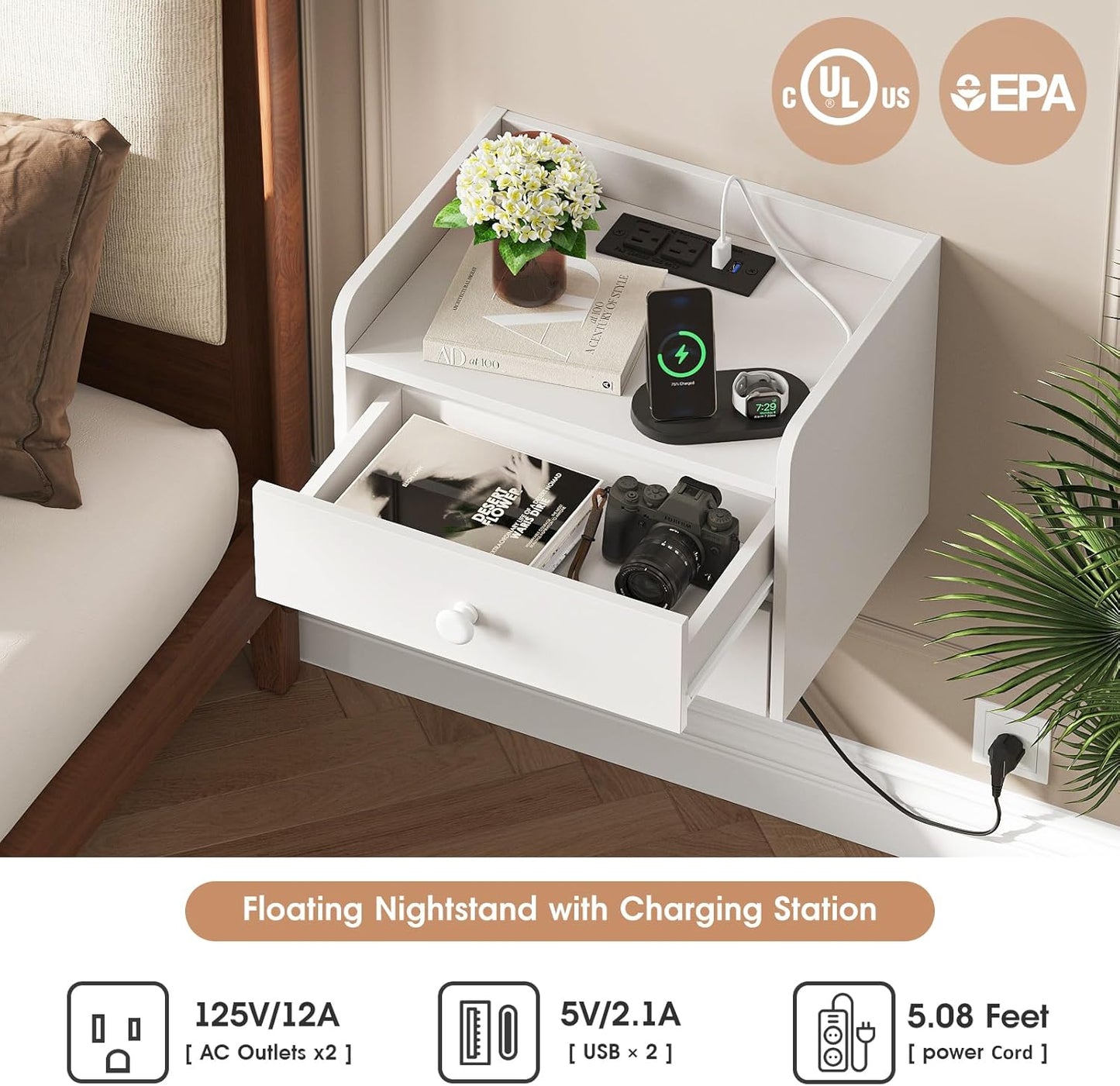 Floating Nightstand Set of 2 with 2 Storage Drawers and Charging Station Wood Wall Mounted Bedside End Table Modern Night Stands Set 2 for Bedroom,Small Space,White