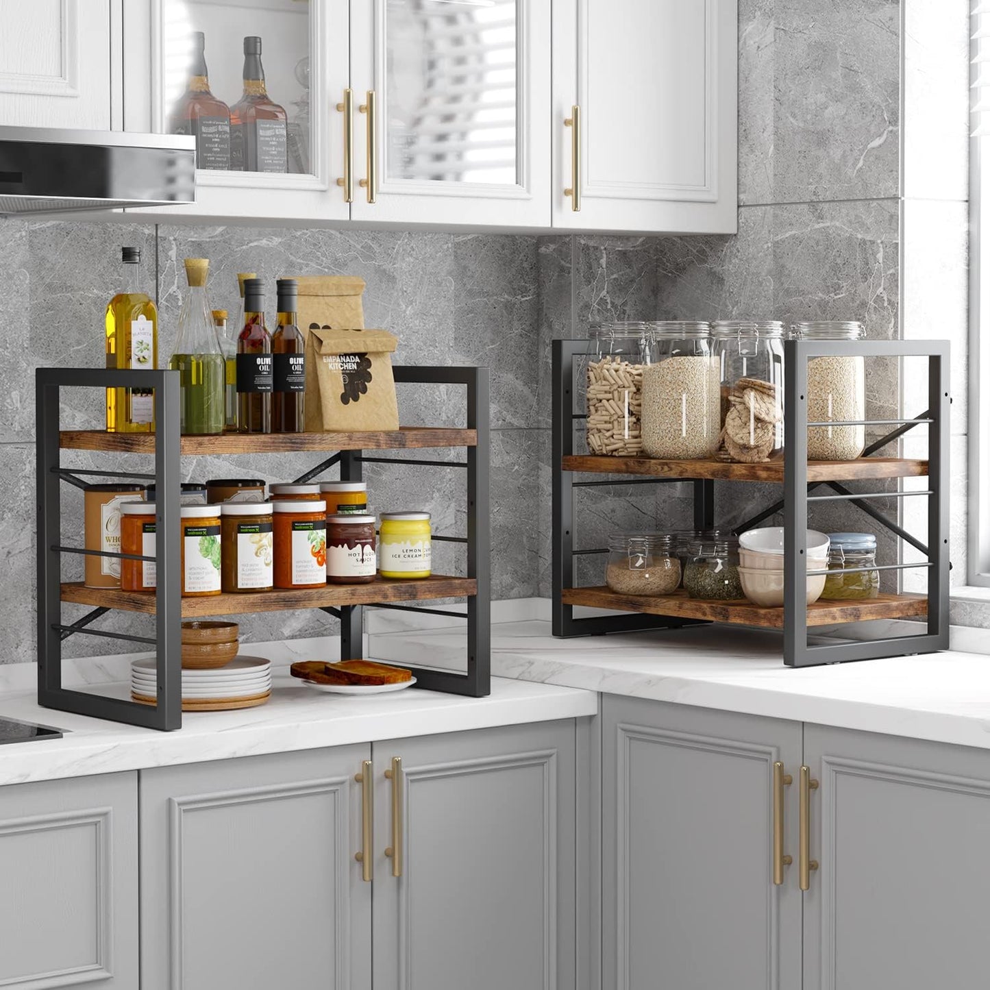 Homeiju Bookshelf, Dorm Desk Hutch, Desk Shelf Organizer, 4 Tier Stackable Bookcase, Adjustable Industrial Book Shelf Storage Organizer for Desktop, Living Room, Bedroom, Office,Rustic Black and Brown