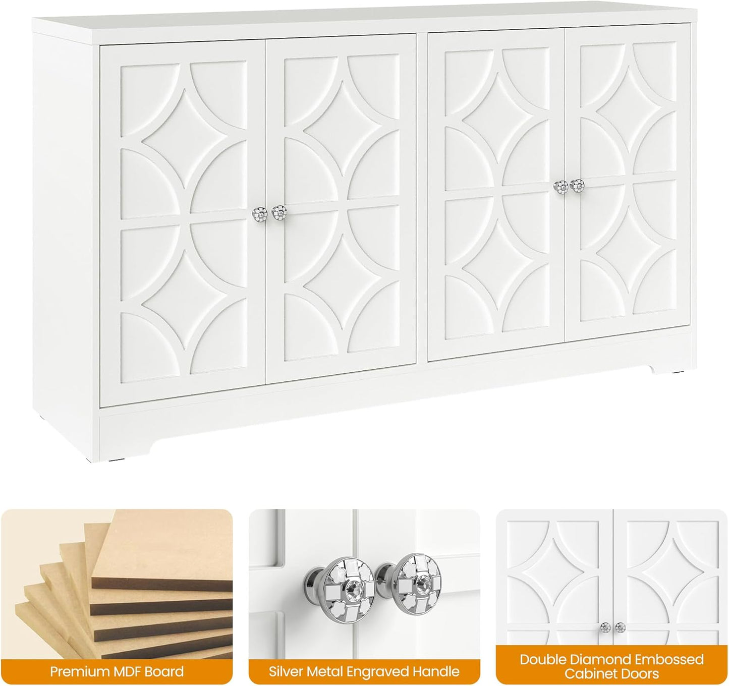 Sideboard Buffet with 4 Doors, Mid-Century Sideboard Cabinet with Adjustable Shelves, Accent Cabinet for Entryway, Living Room, Dining Room, White