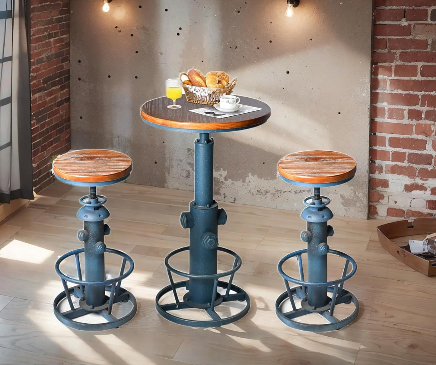 Topower Aged Steampunk Deco Industrial Round Bottom Adjustable Height Cafe Coffee Retro Vintage Fire Hydrant Design Pub Kitchen Counter Bar Stool (Antique Blue, Wooden Top)