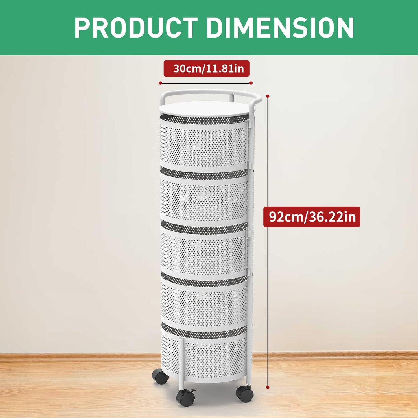 JAQ Rotating Fruit Basket, 5-Tier Metal Sturdy Kitchen Storage Rack Carts No Assembly on Rolling Wheels for Fruit Vegetable Grocery Corns Potato Onion in Bathroom(White, 5-Tier)