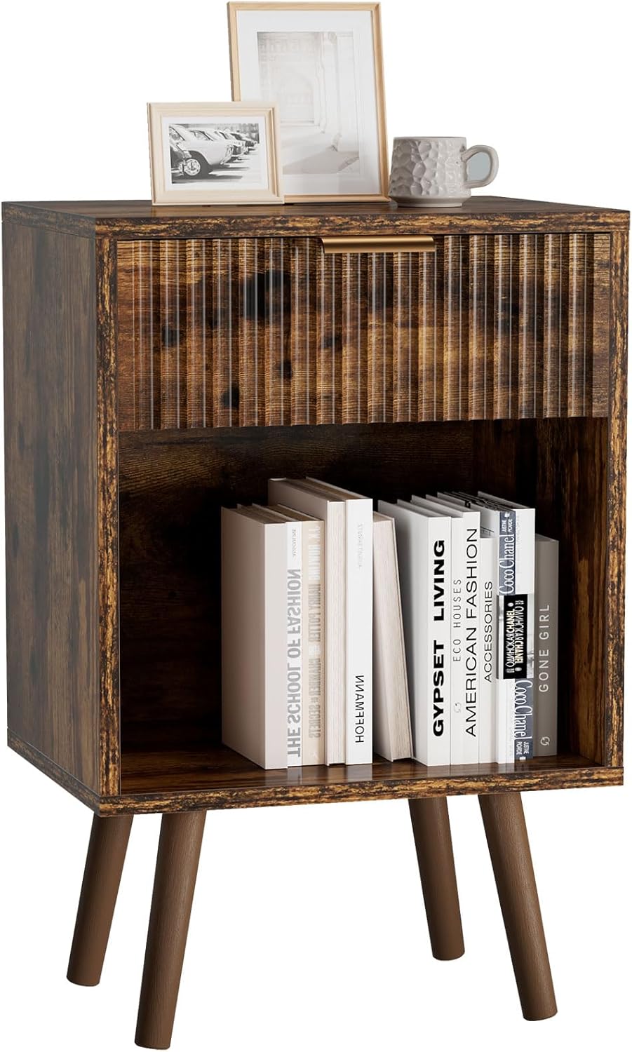 YMYNY Mid Century Modern Nightstand, Side Table, Fluted Night Stand with Drawer, Open Shelf Unit, Golden Handle, Solid Wood Legs, Bedside Table, for Bedroom, Rustic Brown UHST013H