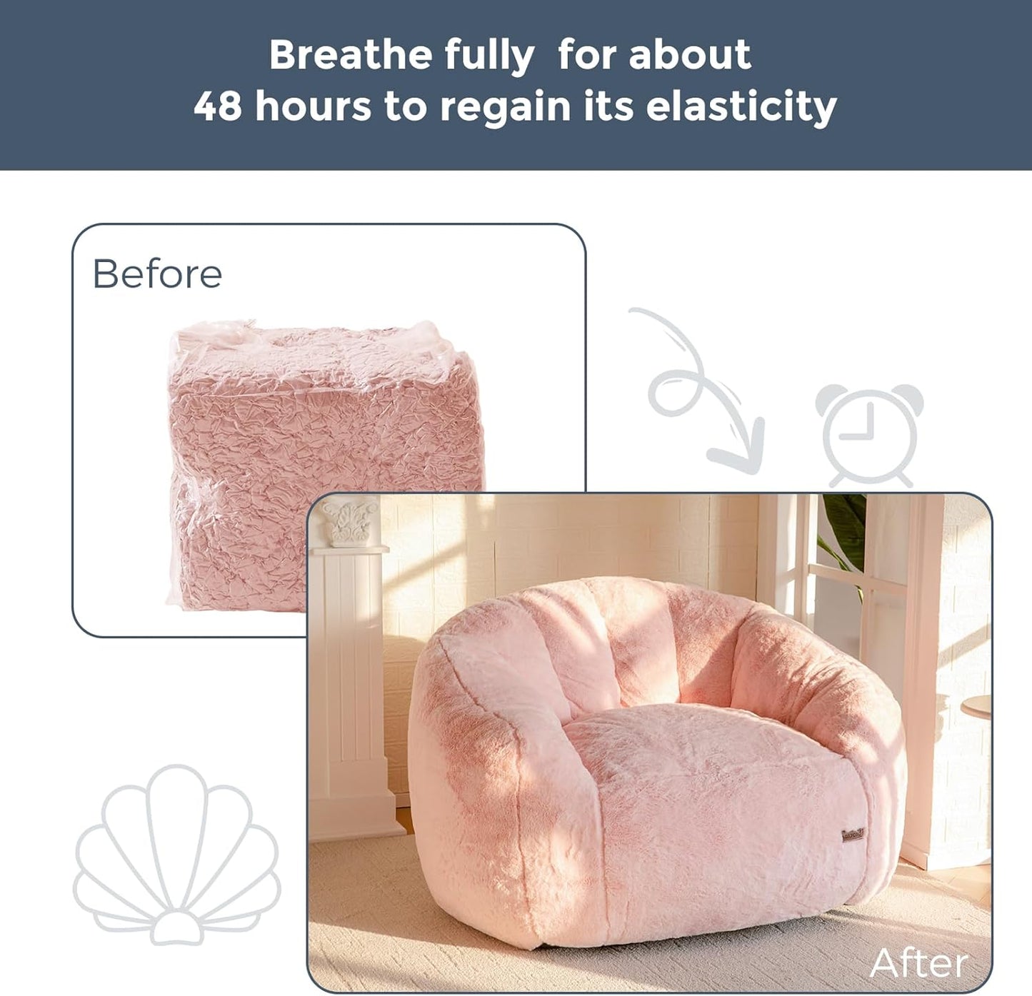 MAXYOYO Giant Bean Bag Chair, Oversized Bean Bag Couch for Adults and Kids, Faux Fur Shell-Shaped Large Chair with Filler, Stuffed Big Accent Sofa Lounge Floor Sofa for Gaming, Reading, Pink