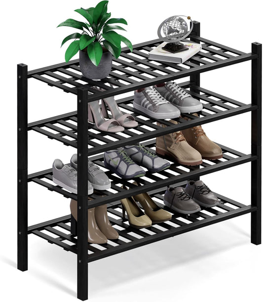 Haddockway 4 Tier Bamboo Shoe Rack Storage Organizer, Multifunctional Free Standing Stackable Shoe Shelf with Grid Panel for Closet,Hallway,Entryway,Small Space 27"x11"x26" (Black, 4 Tier)