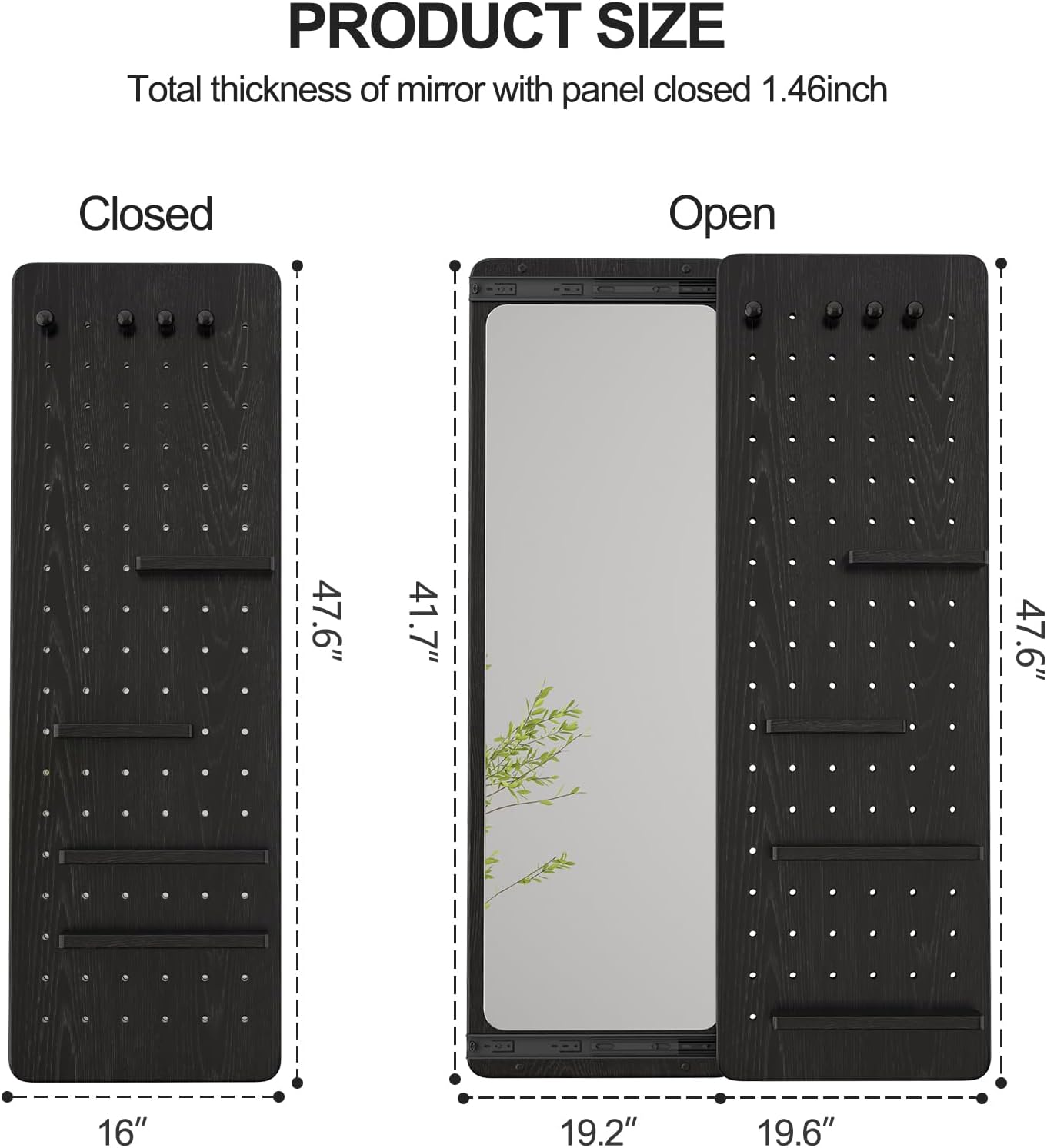 KungFuWood Full Length Mirror with Shelf and Hooks,Entry Way Mirrors for Wall,Wall Mirror with Shelf,Wall Mirror with Storage Multifunctional Design Panel,Living Room