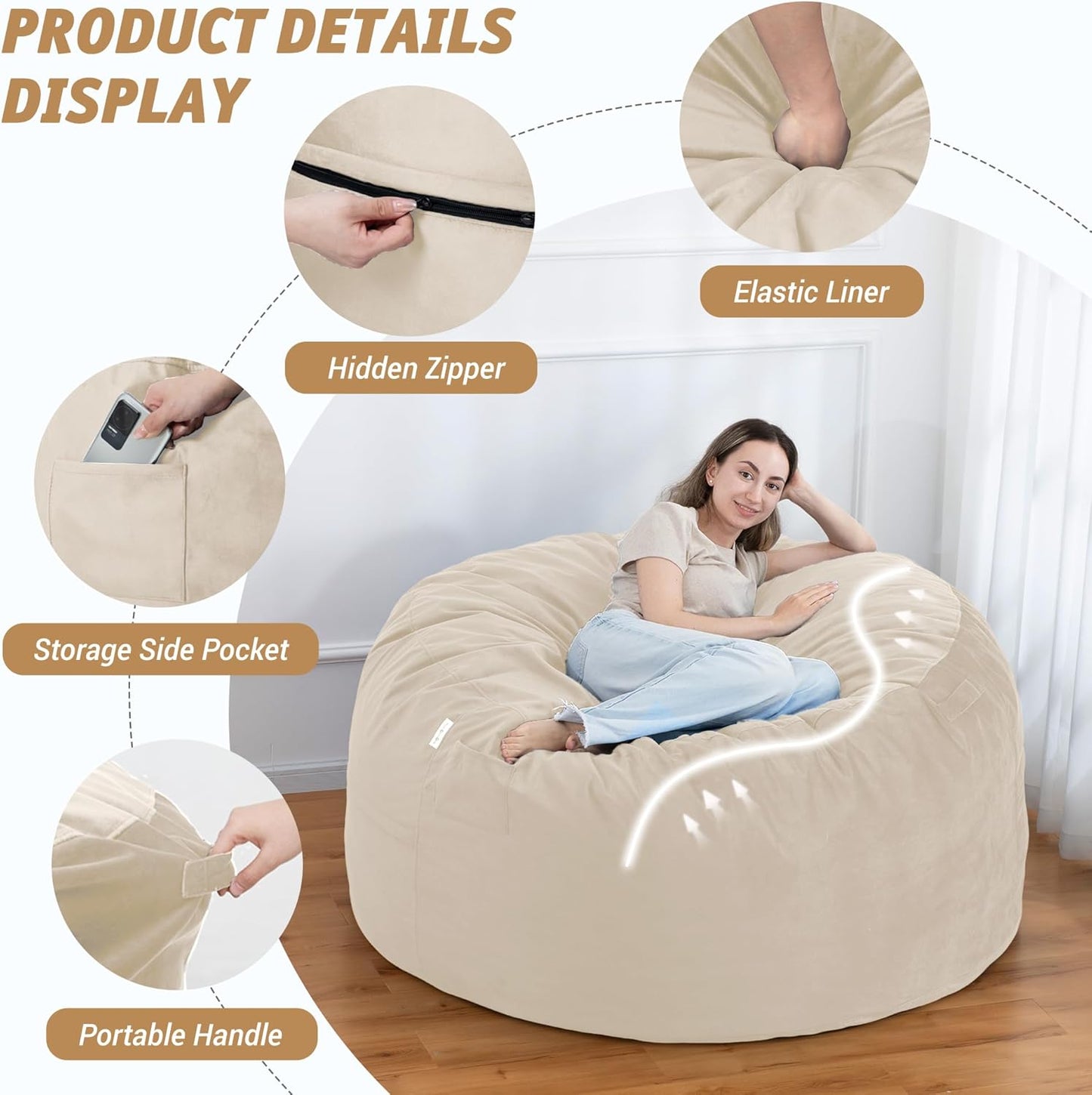 5FT Bean Bag Chair with Ultra Soft Velvet Cover Bean Bag Sofa with Memory Foam Bean Bag Chairs with Large Size Lazy Sofa for Dorm Office Living Room Bedroom Beige 5'
