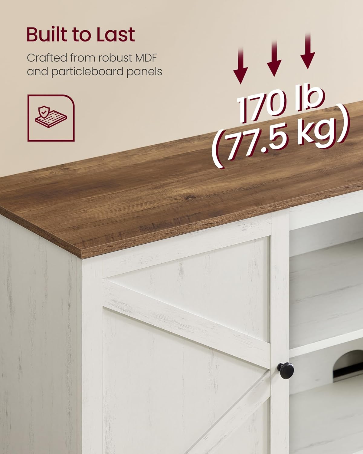 VASAGLE Farmhouse TV Stand for TVs up to 80 Inches, Entertainment Center with Storage Cabinets and Sliding Barn Doors, Media Console Table for Living Room, Rustic White and Honey Brown ULTV537W01