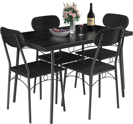 VECELO Dining Table Set for 4, 5 Piece Dinette with Chairs for Kitchen, Breakfast Nook and Small Space, Black