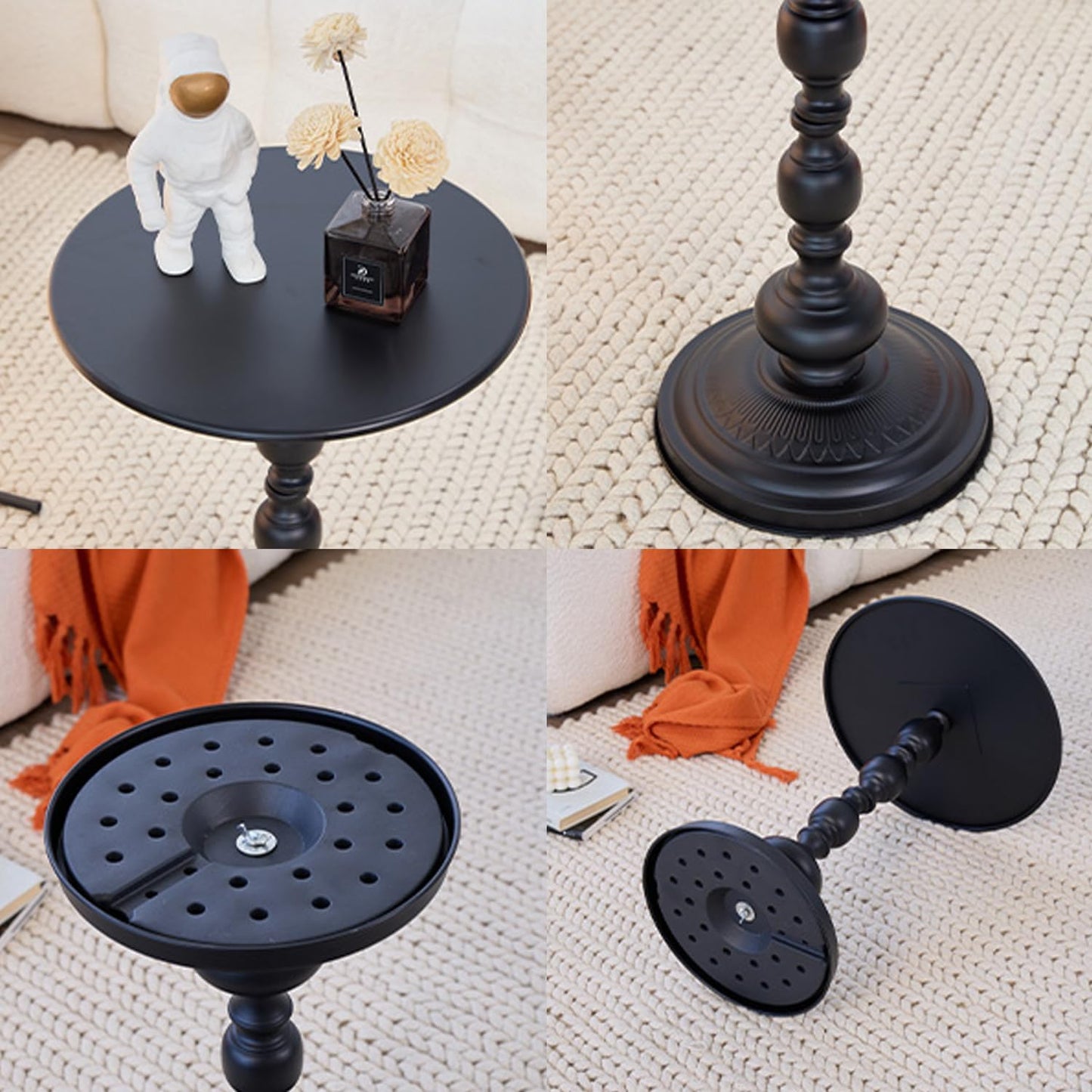 Chic Vintage Round Side Table with Elegant Roman Columns - Sturdy Metal Construction, Perfect for Coffee, End, Tea, or Leisure Use in Living Room or Bedroom Decor (Black Black 1 Pack)