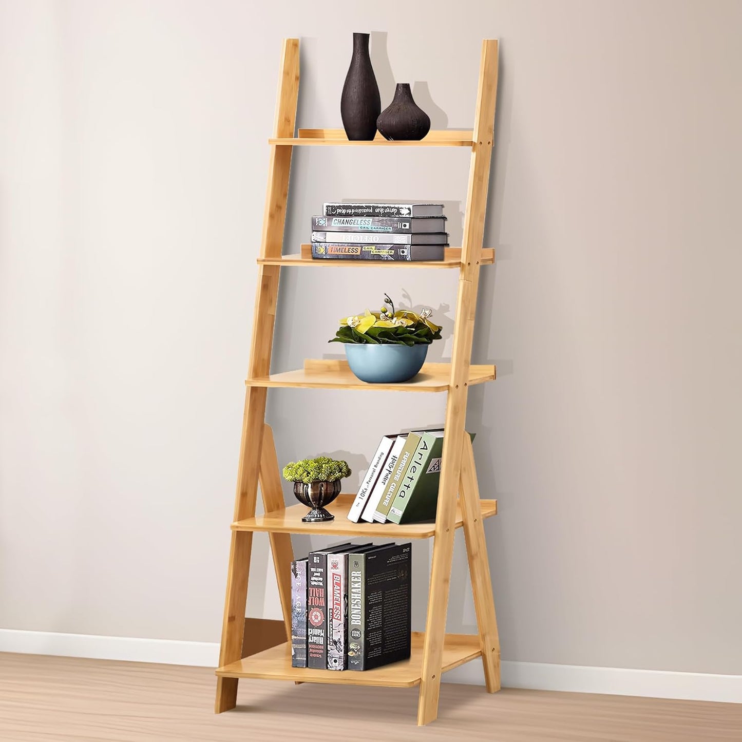 DOUSY- 5-Tier Bamboo Ladder Shelf Ladder Bookshelf Plant & Flower Stand Bookcase, Freestanding Storage Rack Organizer Display Shelf for Living Room, Home Office, Bedroom, Balcony, Natural Wood