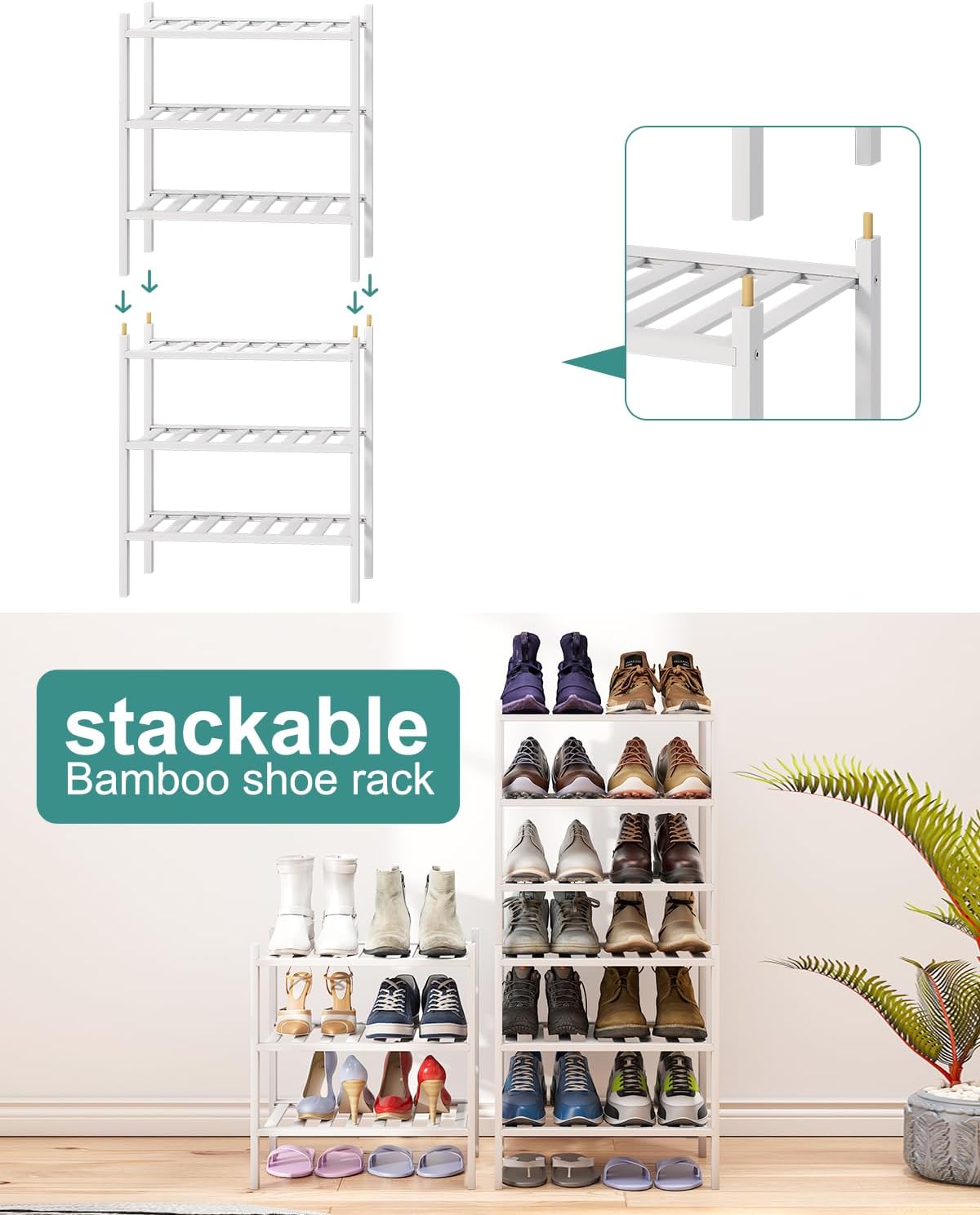 Small Shoe Rack for Entryway, White Shoe Organizer for Closet, Bamboo Wood Standing Shoe Shelf for Indoor Outdoor (White, 3-Tier_Samll)