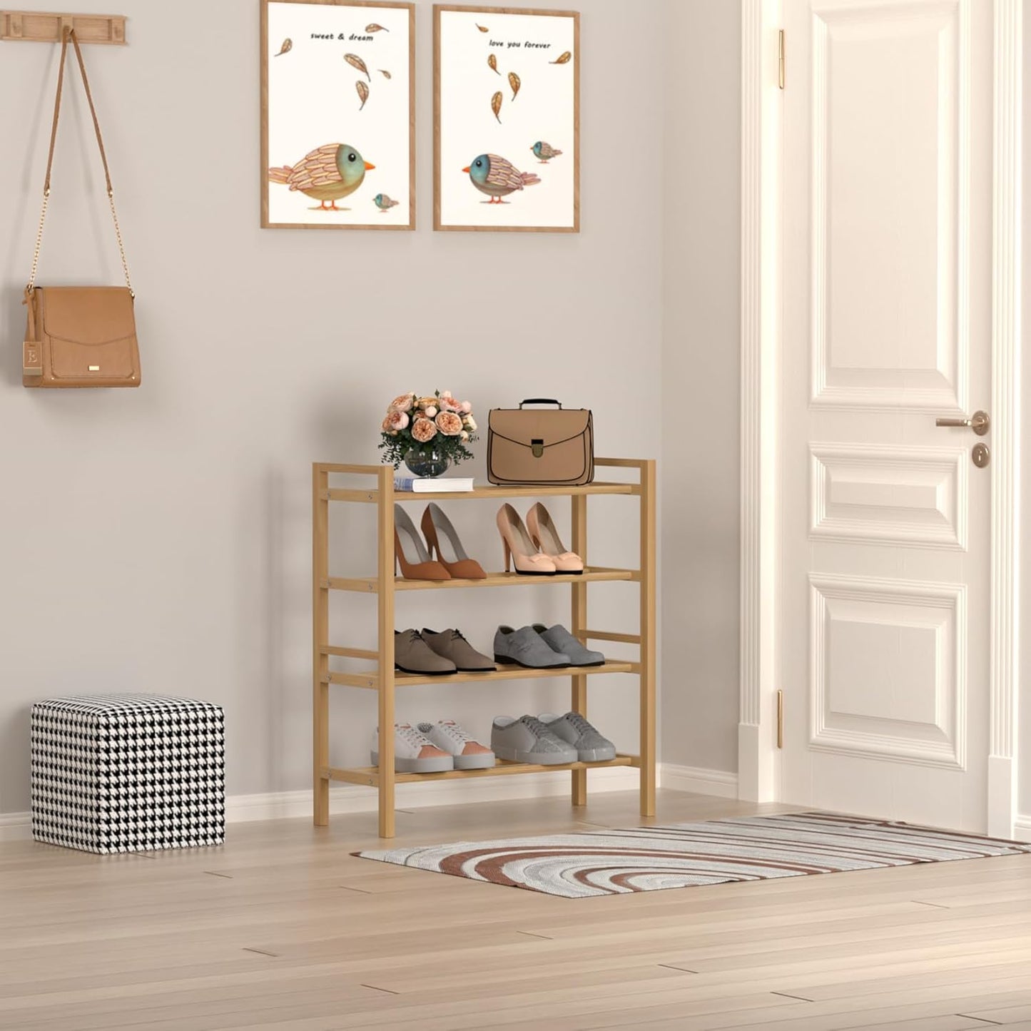 Haddockway Bamboo Shoe Rack for Closet, Free Standing Shoe Organizer with Smooth Round Rods & Convenient Handles, Stackable Shoe Storage Shelf for Entryway, Hallway(Natural, 4-Tier(Small))