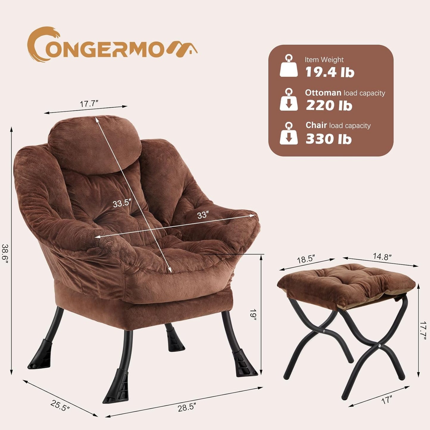 Lazy Chair with Folding Ottoman,Leisure Sofa Chair,Soft Fabric Armchair with Armrests and Side Pockets, Reading Chair with Footrest for Living Room, Bedroom, Office (Plush Dark Brown)