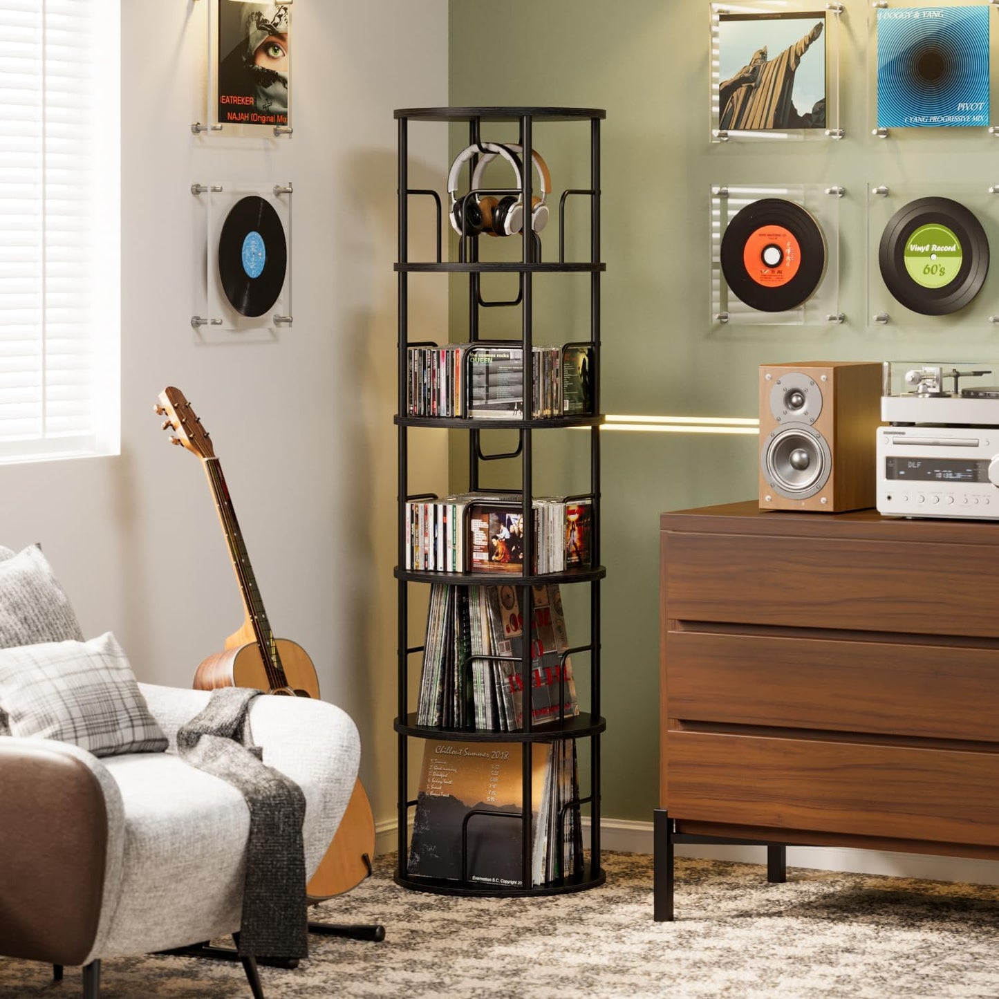 5 Tier Rotating Bookshelf, 360 Display Spinning Corner Bookshelf, Space-Saving Metal Frame Bookcase for Living Room, Office, Bedroom, Black