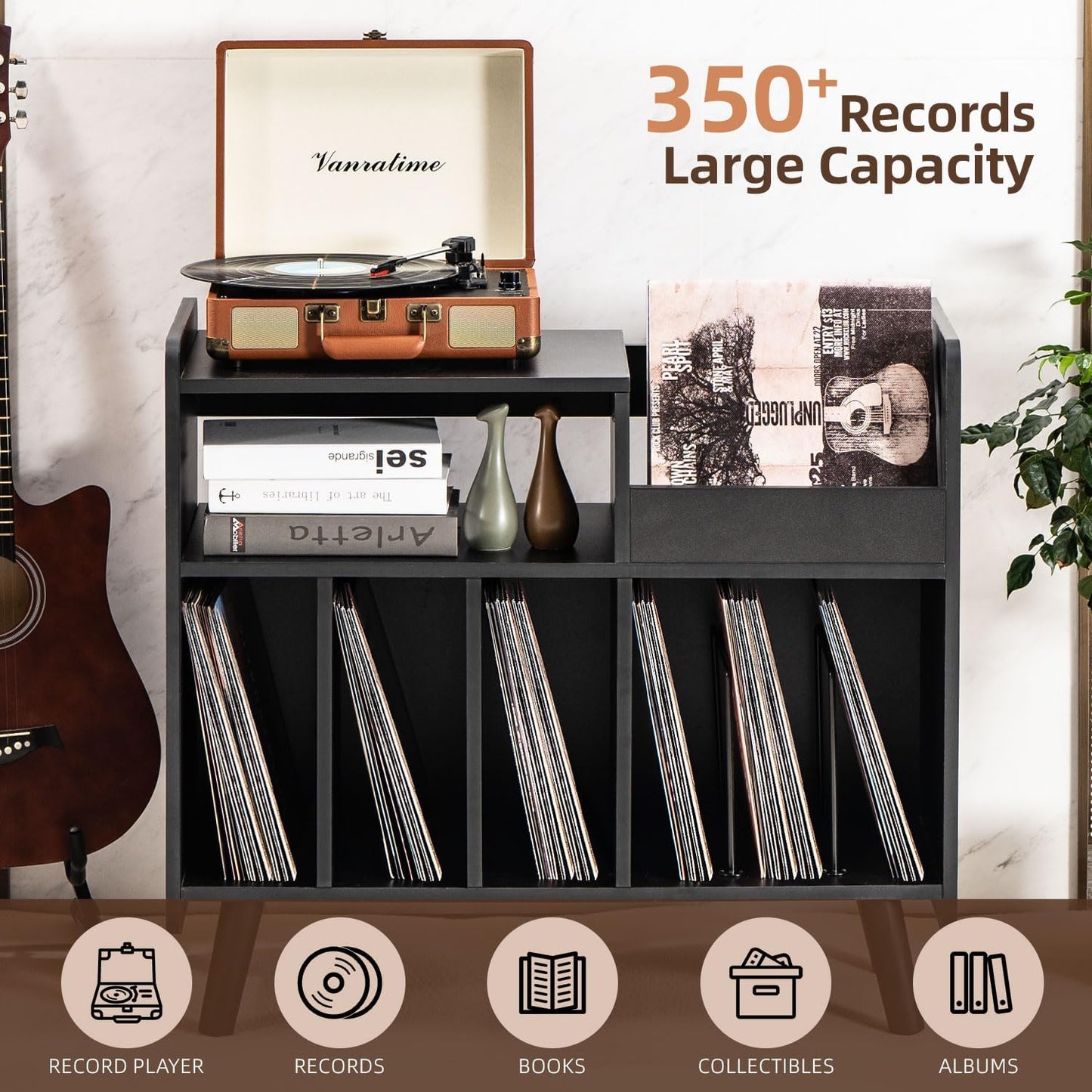 Record Player Stand, Large Record Player Table Cabinet with Open Vinyl Storage and Display Shelf Holds up to 350 Albums, Mid Century Wood Turntable for Living room