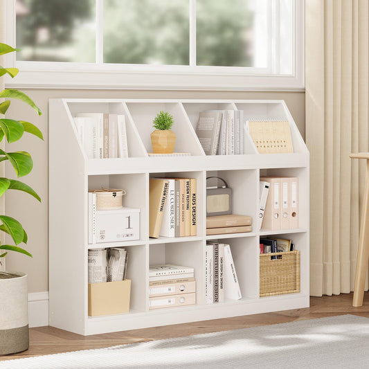 12-Cube Wooden Storage Bookcase - 11-Inch Open Shelf Cabinet, Simple Modern Bookshelf Organizer for Home Office, Living Room, White