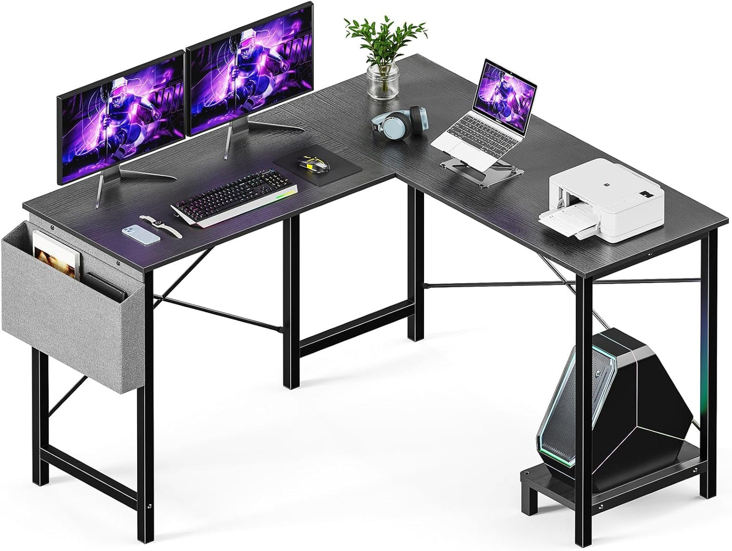 Sweetcrispy L Shaped Computer Desk - Corner Gaming PC Table with CPU Stand Side Bag for Home Office Dorm Sturdy Writing Workstation, 50-Inch, Black