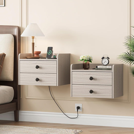 Floating Nightstand Set of 2 with 2 Storage Drawers and Charging Station Wood Wall Mounted Bedside End Table Modern Night Stands Set 2 for Bedroom,Small Space,Grey Black