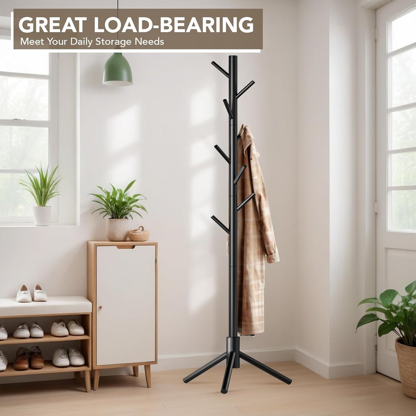 Wooden Tree Coat Rack Stand,Sturdy Freestanding Coat Rack with 8 Hooks,3 Adjustable Height for Child Adult,Wood Coat Stand Tree Fits Entryway Bedroom Office for Bags,Hats