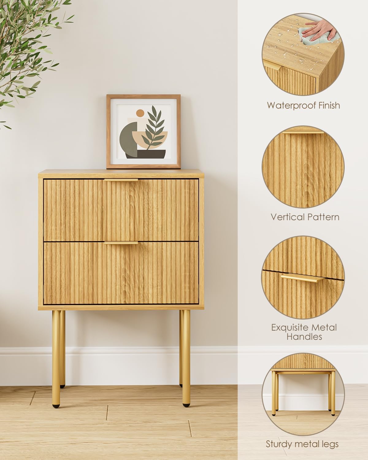 Nightstand,Morden Bedside Table with Gold Frame,Small White Night Stand,End Table,Bedside Furniture,Side Table with Drawer and Shelf for Bedroom,Living Room (2Drawers, Oak)