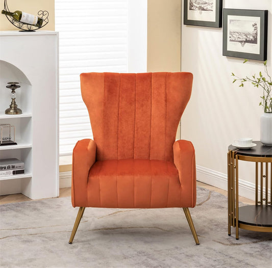 Container Furniture Direct Modern Velvet Accent Chair, Channel Tufted Bedroom, Office or Living Room Furniture with Elegant Metal Legs, 26" Wide Armchair, Orange Red