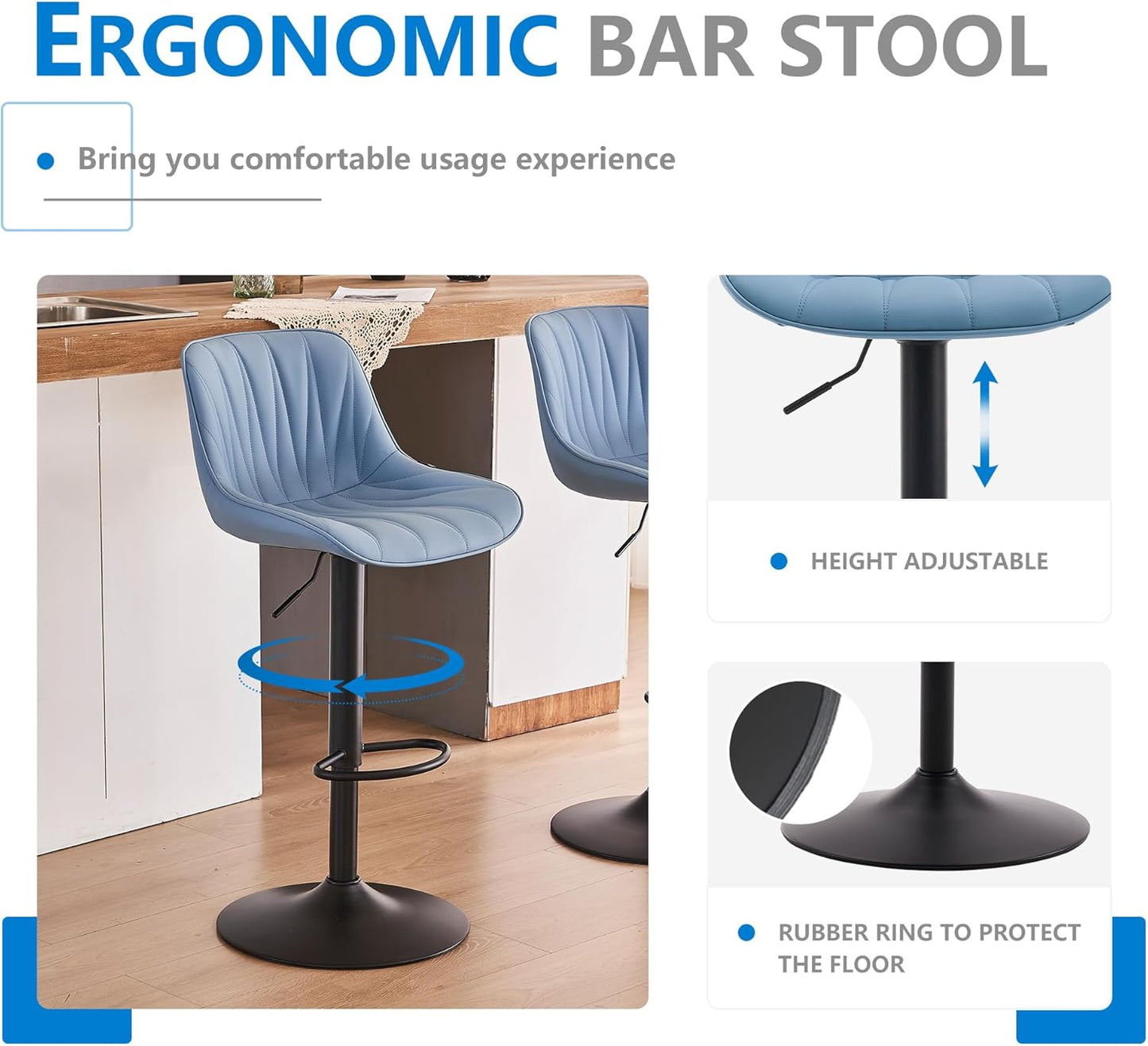 YOUNIKE Bar Stools Set of 2 for Kitchen Island, Blue Faux Leather Padded Counter Height Stools, Adjustable Swivel Barstools with Back, Modern Tall Stools with 300LBS Support