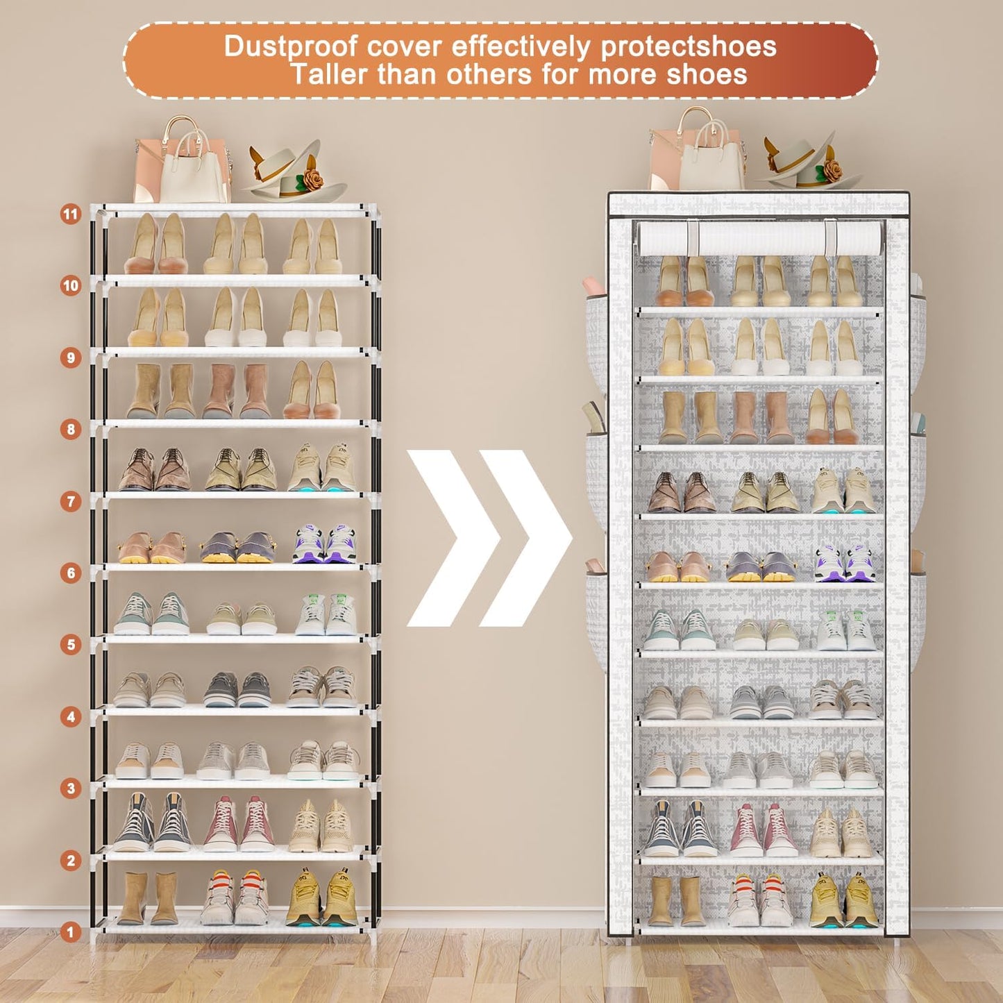Shoes Rack 10 Tier Tall Shoe Rack with Storage Pockets, Fabric Covered Shoe Racks,Metal Shoes Rack Organizer for Closets,Bedroom, Garage