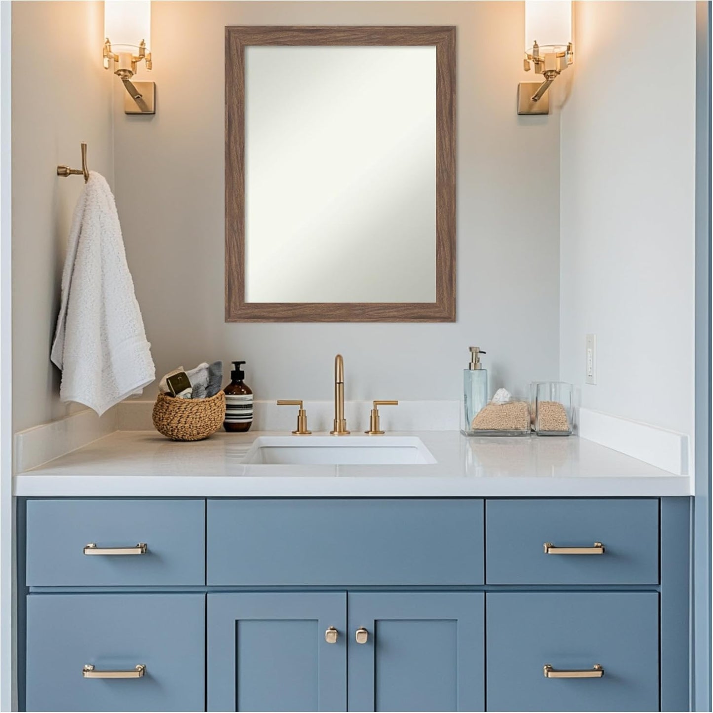 Amanti Art Brown Bathroom Mirror for Over Sink, 27x21 Pia Medium Brown Narrow Rectangle Vanity Mirror, Medium Casual Frame, Hangs Horizonally and Vertically, Bathroom Wall Decor, Non-Beveled Edge