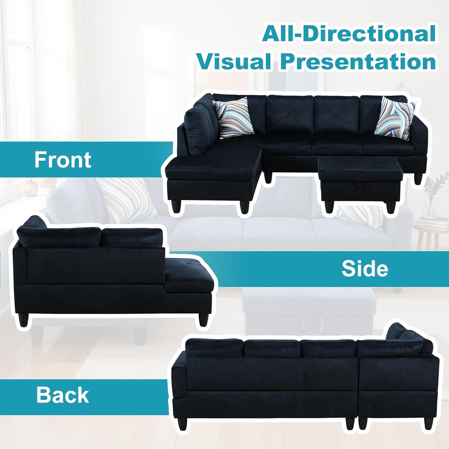 L Shaped Couch Modern Sectional Couch Upholstered Microfiber Fabric 3 Pieces Sofas for Living Room with Chaise, Storage Ottoman for Office and Small Apartment, Midnight Blue