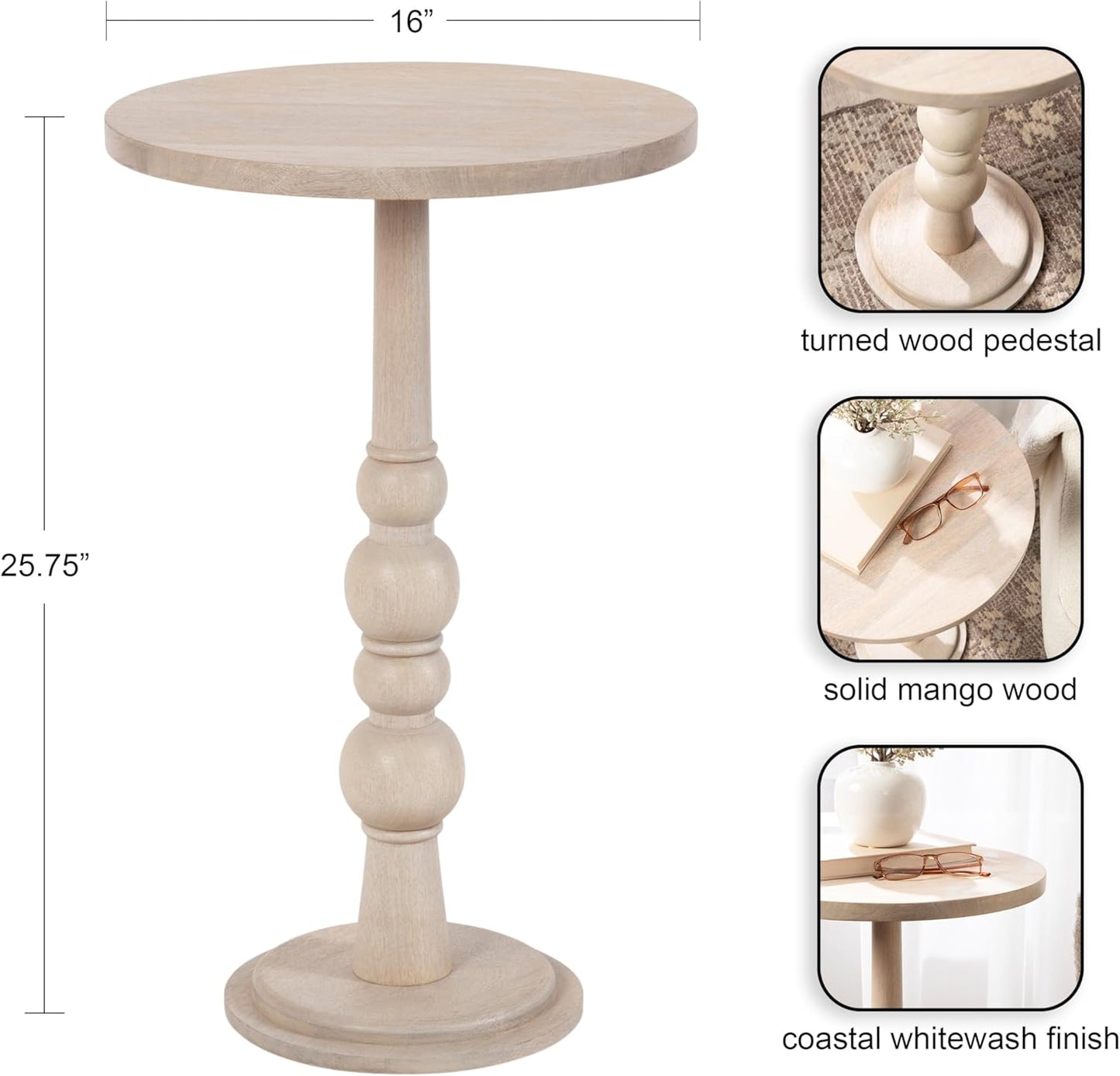 Kate and Laurel Wegner Traditional Wooden Round Side Table, 16 x 26, Whitewash, Elegant and Durable Pedestal Table for Use as Living Room End Table, Plant Stand, or Bedroom Nightstand