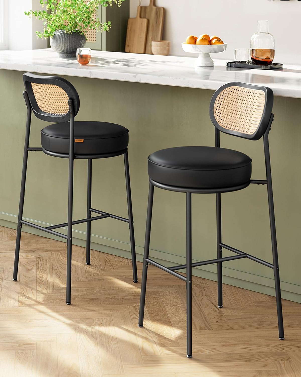 VASAGLE Bar Stools Set of 2, Bar Height Stools with Rattan Back and Metal Legs, 30.1-Inch Tall Counter Chairs, Modern Leather Upholstered Barstools for Kitchen Island Dining Room, Ink Black