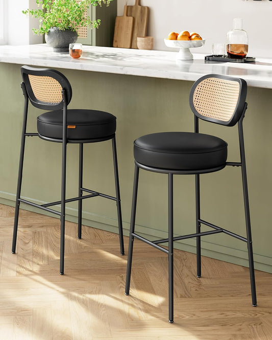 VASAGLE Bar Stools Set of 2, Bar Height Stools with Rattan Back and Metal Legs, 30.1-Inch Tall Counter Chairs, Modern Leather Upholstered Barstools for Kitchen Island Dining Room, Ink Black