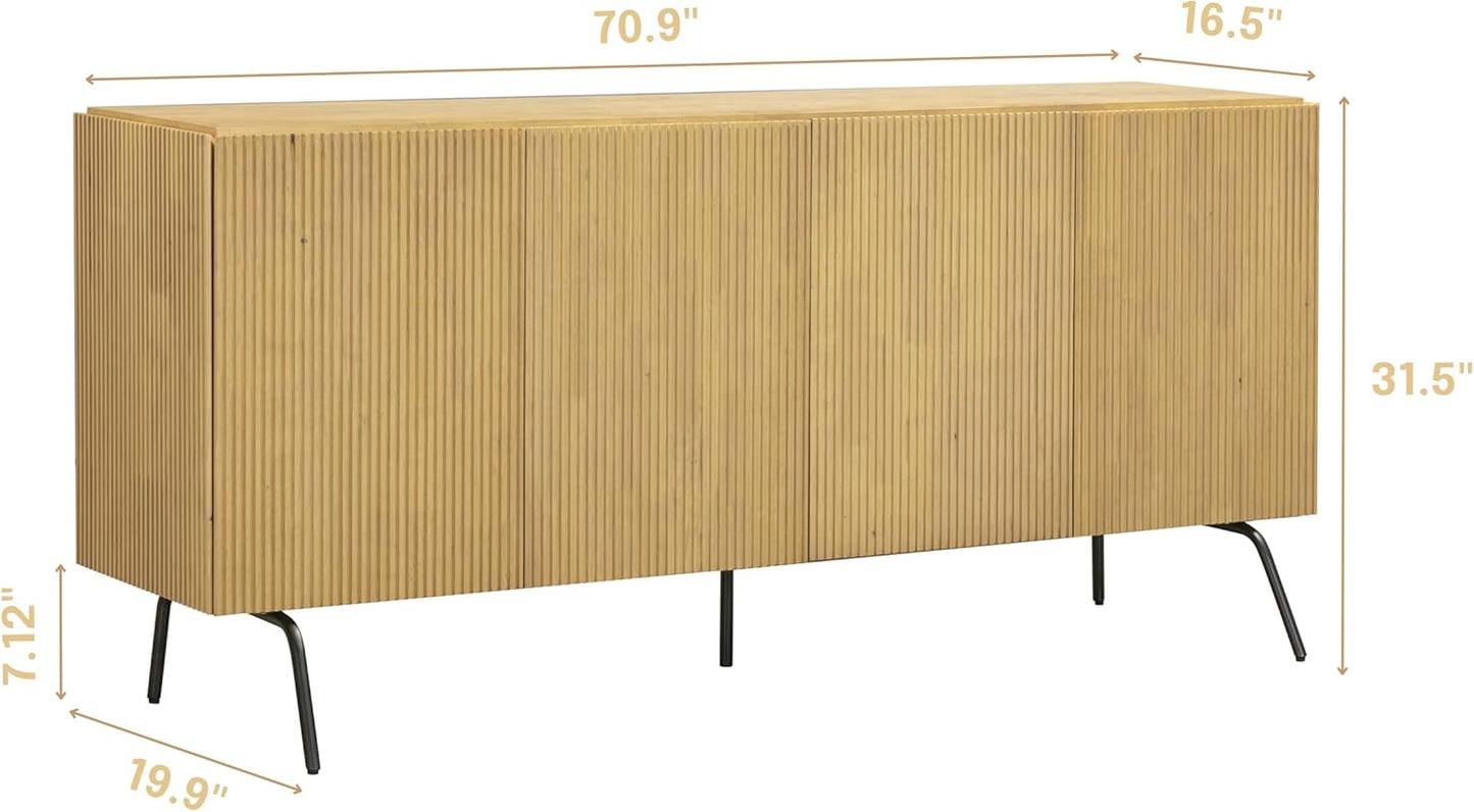 NTC Veil Modern Sideboard with 4 Doors, Buffet Cabinet with Vertical Groove Design and Metal Legs, Storage Cabinet for Living Room, and Hallway, Effortless Assembly, Sand