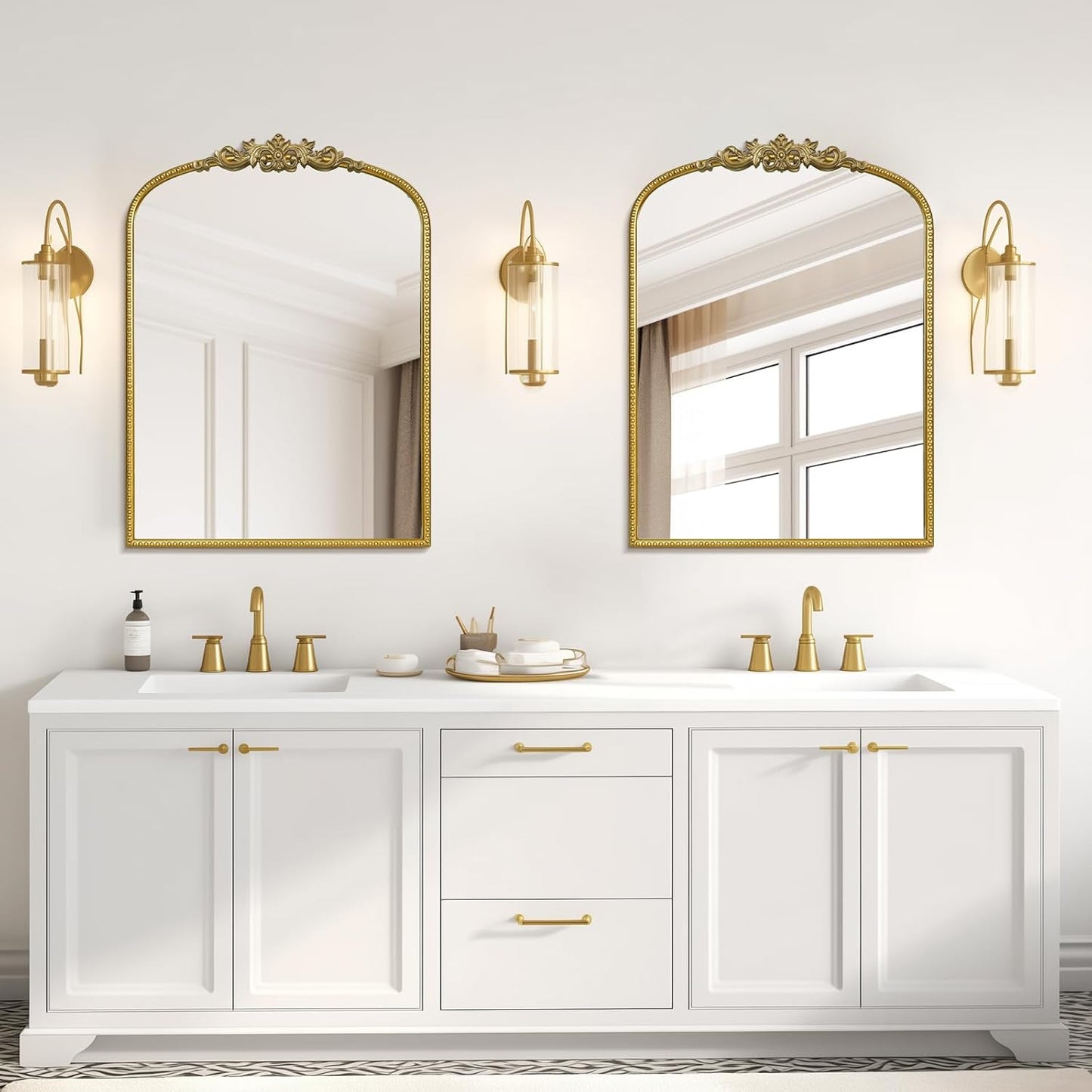 WallBeyond Gold Vintage Mirror - 22x30 Inch, Arched Antique Mirror with Ornate Frame for Bathroom, Living Room, Fireplace, Entryway