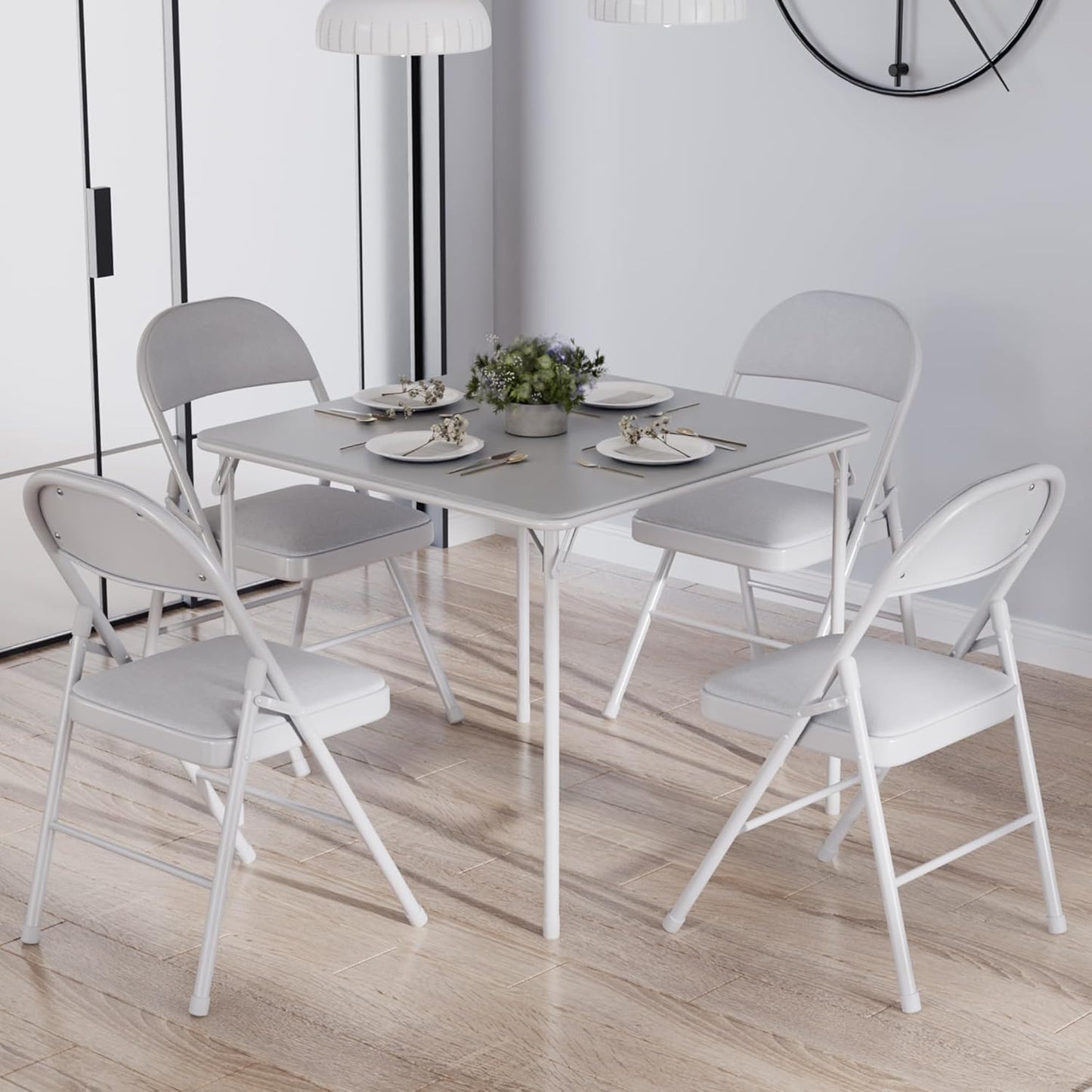 VECELO Portable Folding Card Table Square and Chair Set (5pc) with Collapsible Legs & Vinyl Upholstery, Metal, Grey