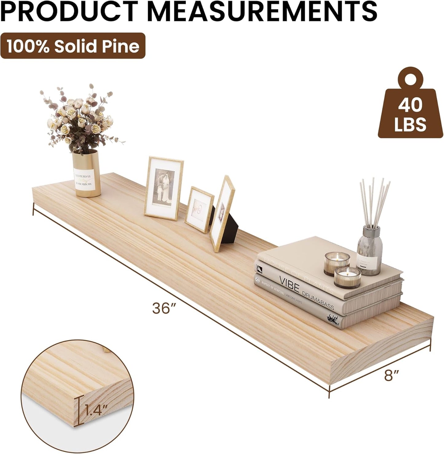 Heimlove Rustic Farmhouse Floating Shelves 36 inch,8 Inch Deep Solid Pine Wood Wall Shelf for Kitchen,Bathroom,Bedroom,Living Room,36" W x 8" D-Set of 2-Unfinished-DIY