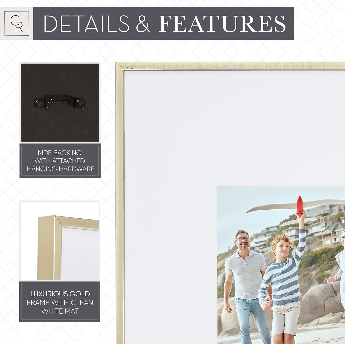 Camden Reed Arcadia 8 Piece Oversized Gallery Wall Frame, 16x20 and 16x16 Inch Matted Frames for Featuring 8x10 and 5x7 Inch Photographs or Art Prints, Gold Finish