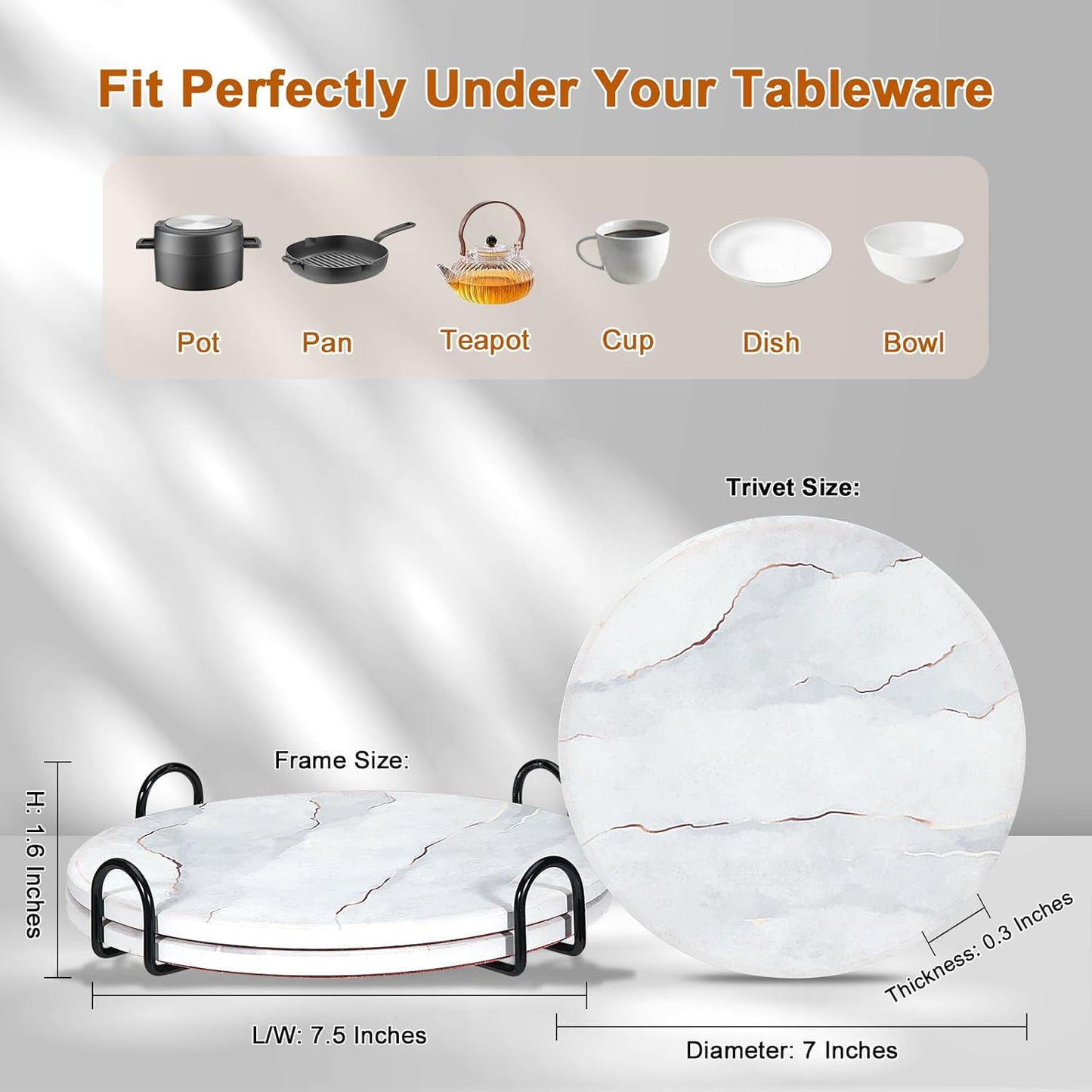 3-Pcs 7'' Ceramic Marble Style Trivet with Holder, Absorbent Trivets for Hot Dishes, Cork Bottom Anti-Slip Trivet Mats for Hot Pots and Pans