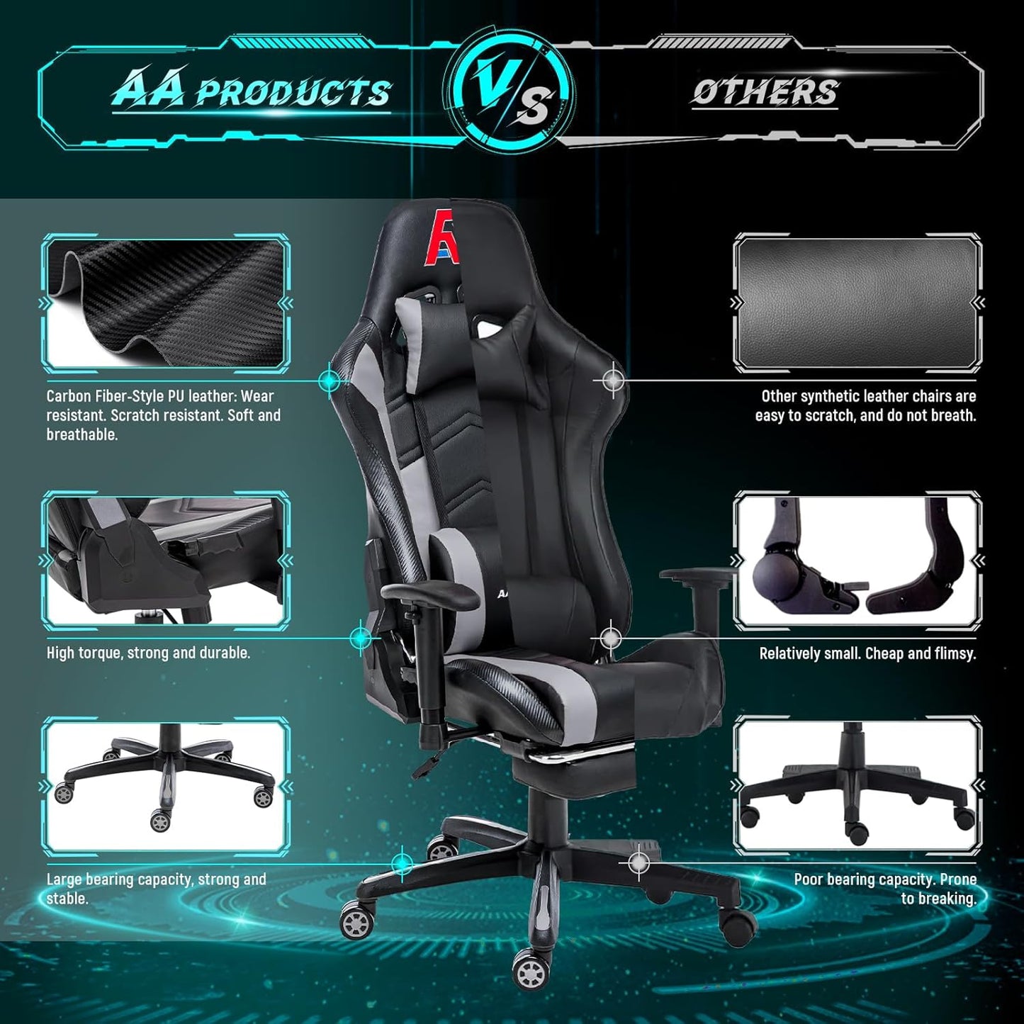 AA Products Gaming Chair Ergonomic High Back Computer Racing Chair Adjustable Office Chair with Footrest, Lumbar Support Swivel Chair - Upgraded Version BlackGrey