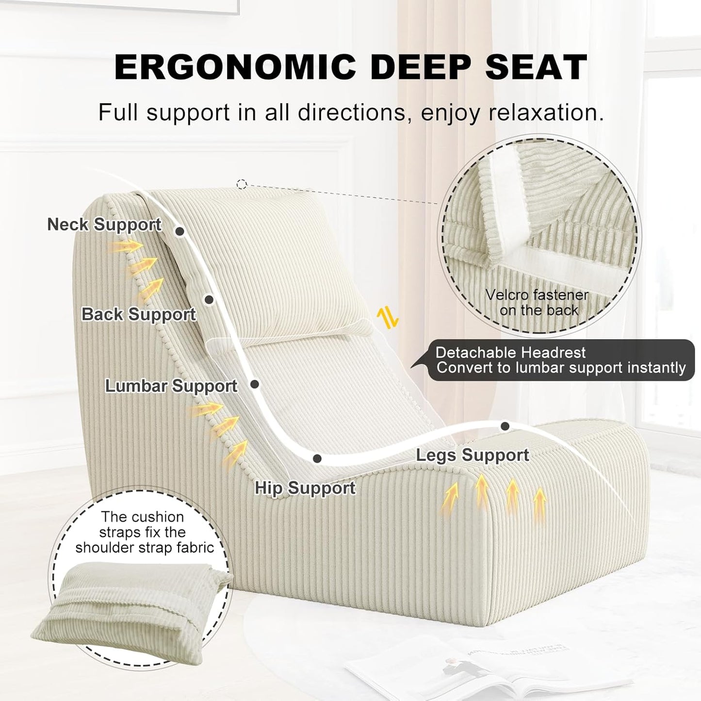 Giant Bean Bag Chair for Adults,Corduroy Chaise Lounge with Unrivaled Back Support, Detachable Neck Pillow, Comfortable Ottoman & Washable Cover for Living Room, Bedroom, Garden(White)