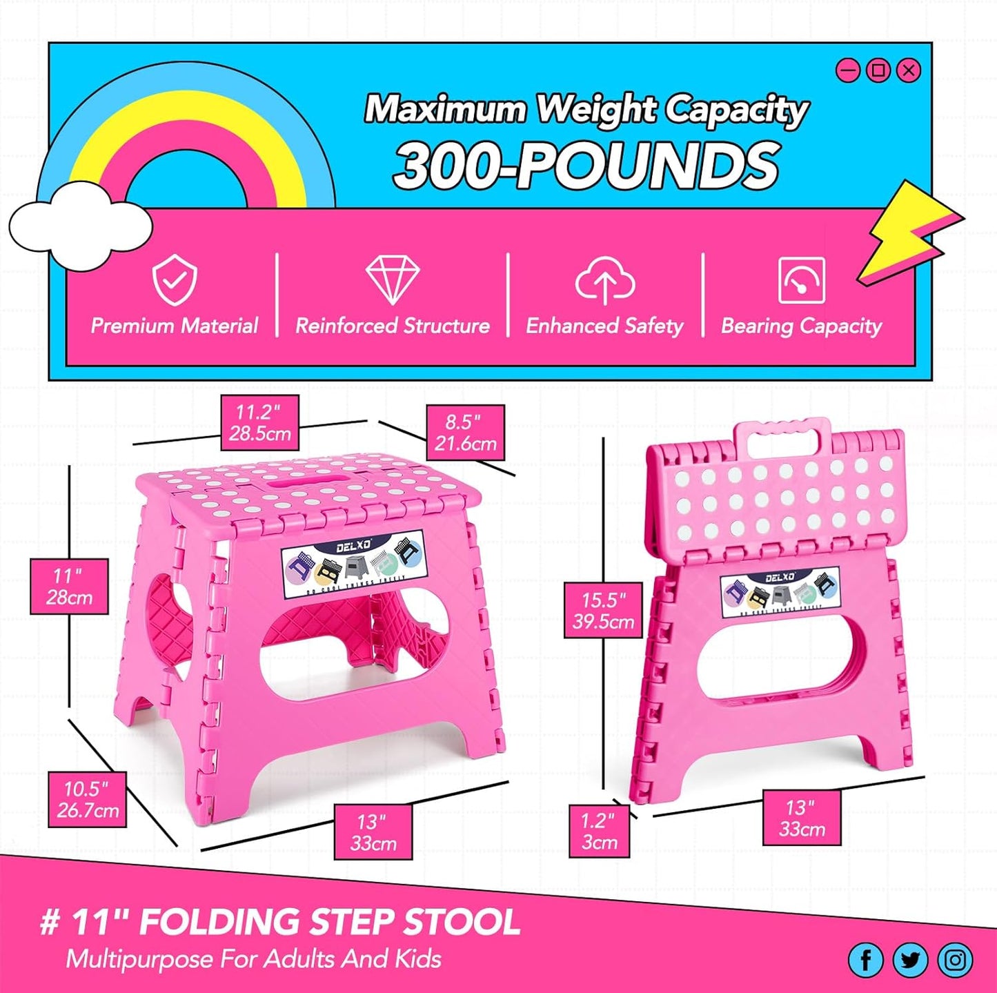 Delxo Folding Step Stool,11 Inch Non-Slip Foldable Step Stools,Portable Lightweight Small Folding Stool with Handle for Kitchen Bathroom in Pink,1 Pack