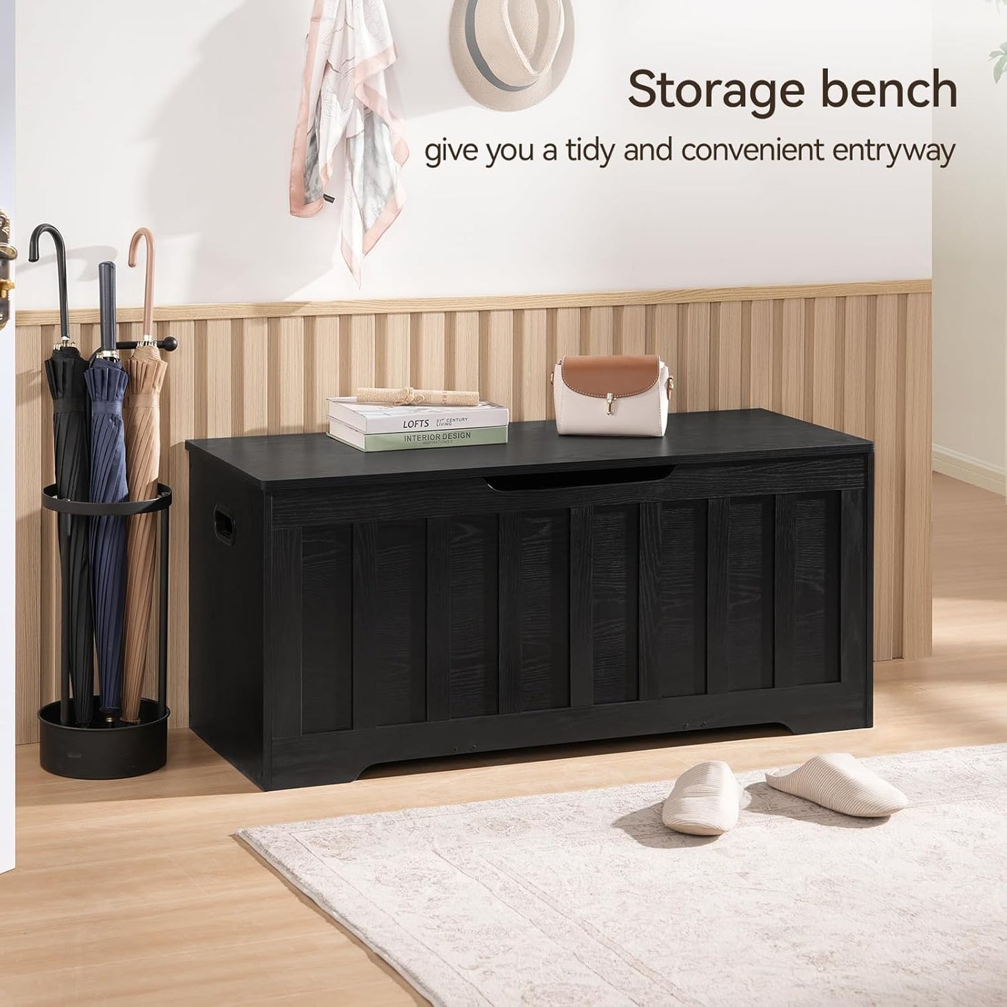 43.3" Storage Chest Extra Large,Storage Trunk with 2 Safety Hinges,Wooden Storage Bench,Shoe Bench,43.3x15.7x19.1 Inch,Easy Assembly,Storage Bench for Bedroom,Living Room,entryway(Black).