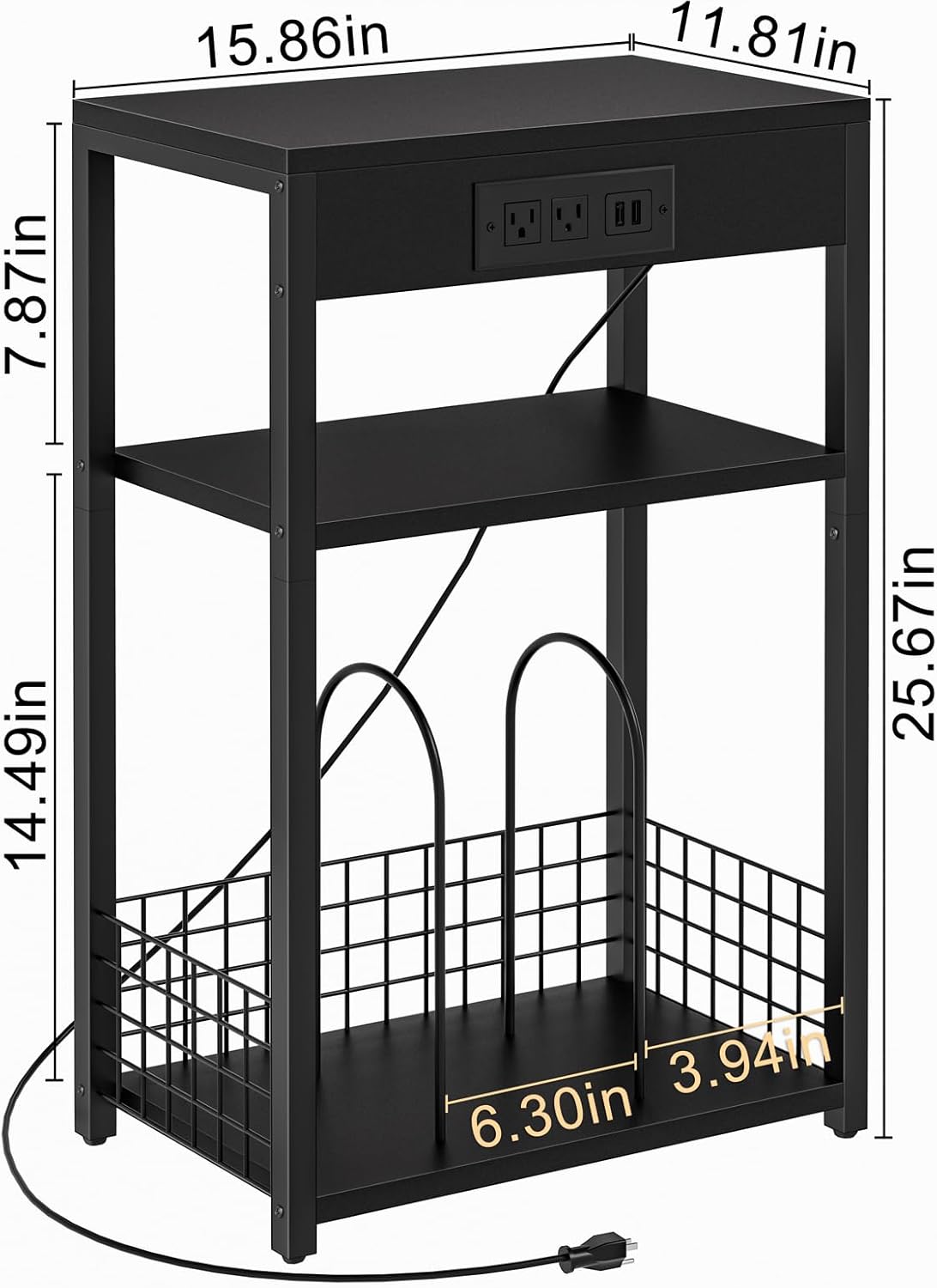 LELELINKY 3 Tier End Table with Charging Station, Black Record Player Stand with Storage Up to 100 Albums Brown, Night Stand with USB Port, Nightstand for Small Spaces