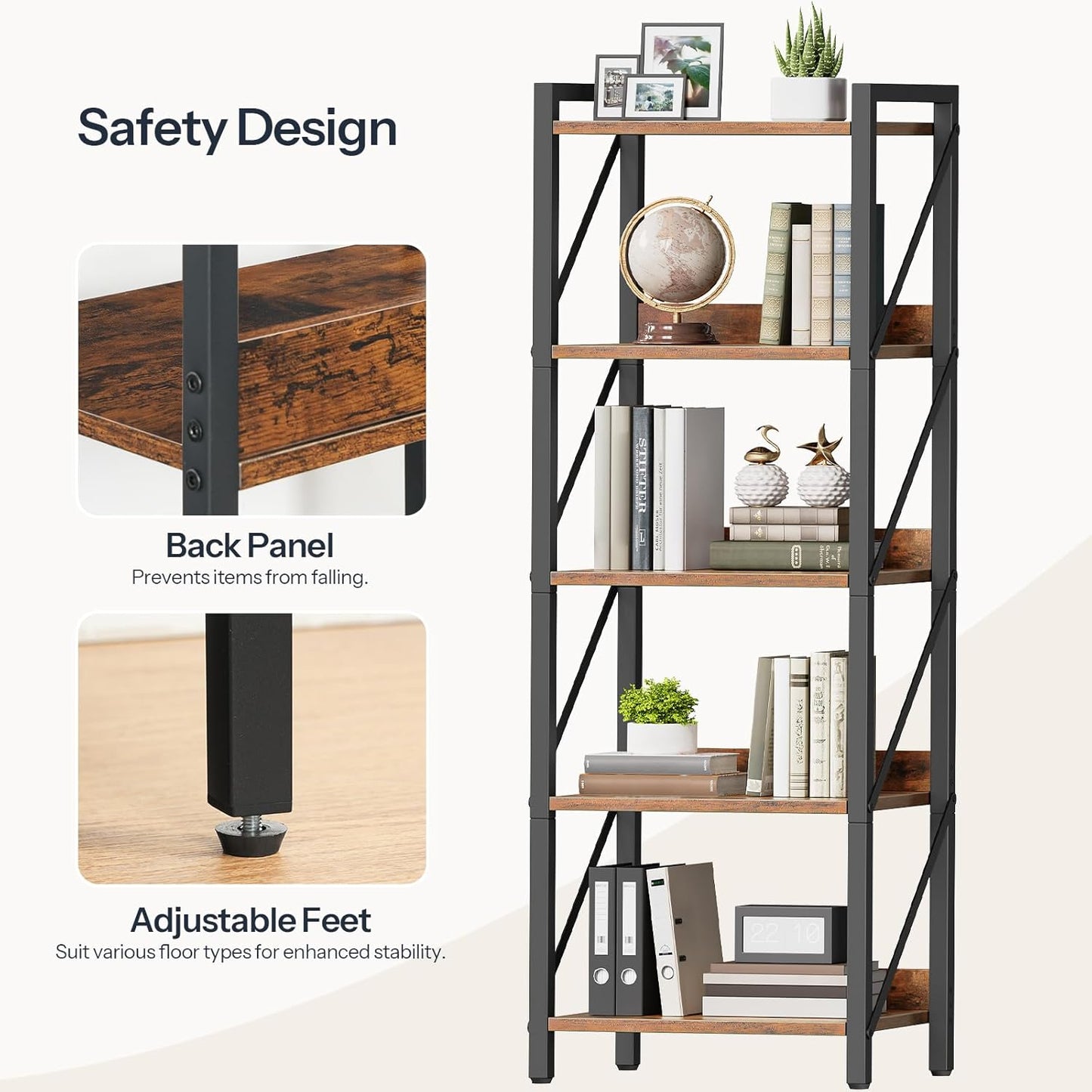 HOOBRO Bookshelf, 5-Tier Industrial Bookcase, Book Shelf Storage Organizer, Tall Bookshelf with Metal Frame for Living Room, Bedroom, Home Office, Kitchen, Rustic Brown and Black BF73SJ01